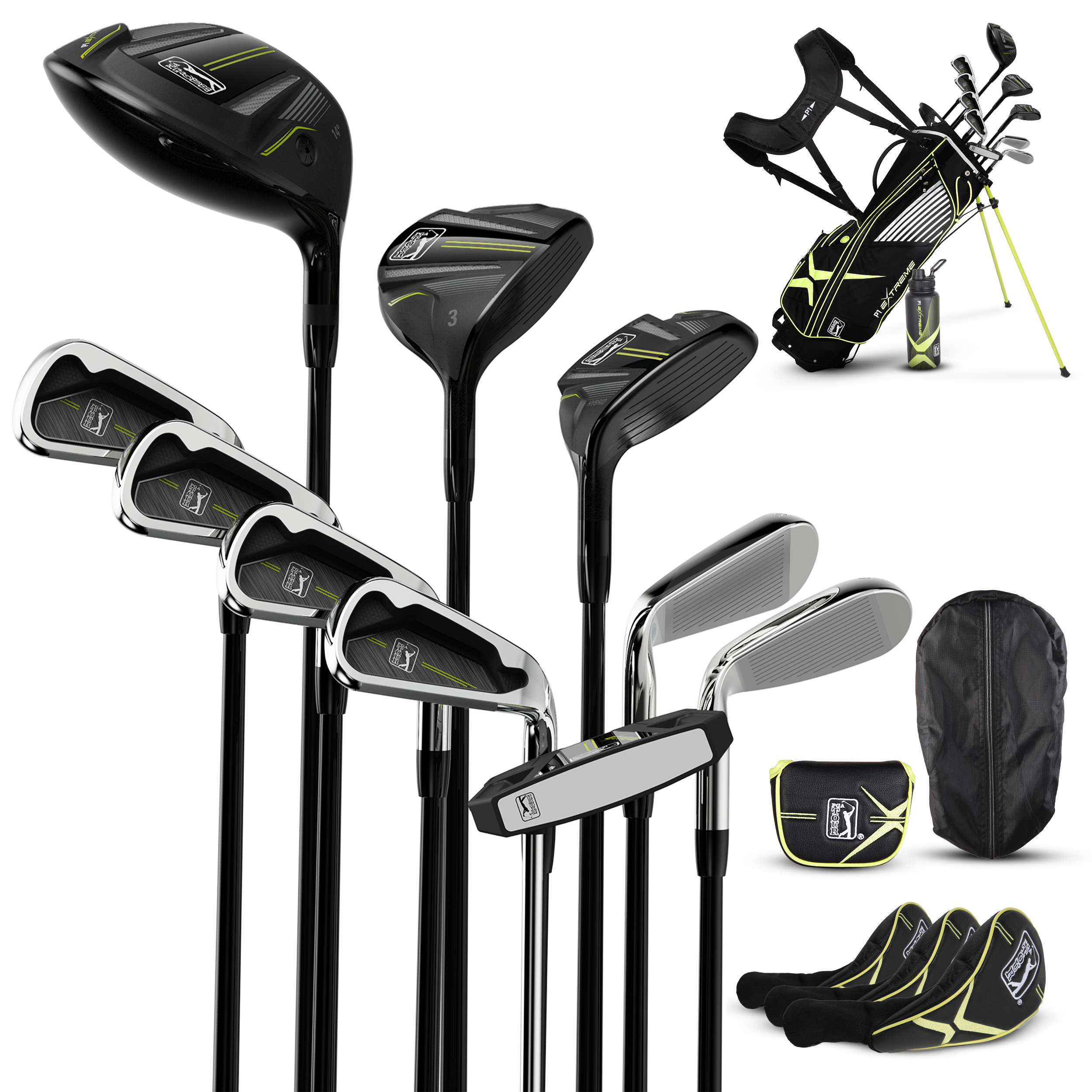 Golfgen™ PGA TOUR P1 EXTREME 17-Piece Complete Golf Club Set – Youth Kids Junior Right-Handed Golf Clubs for Boys & Girls – Full Titanium Driver, Stainless Steel Irons, High MOI Putter – Stand Bag & More