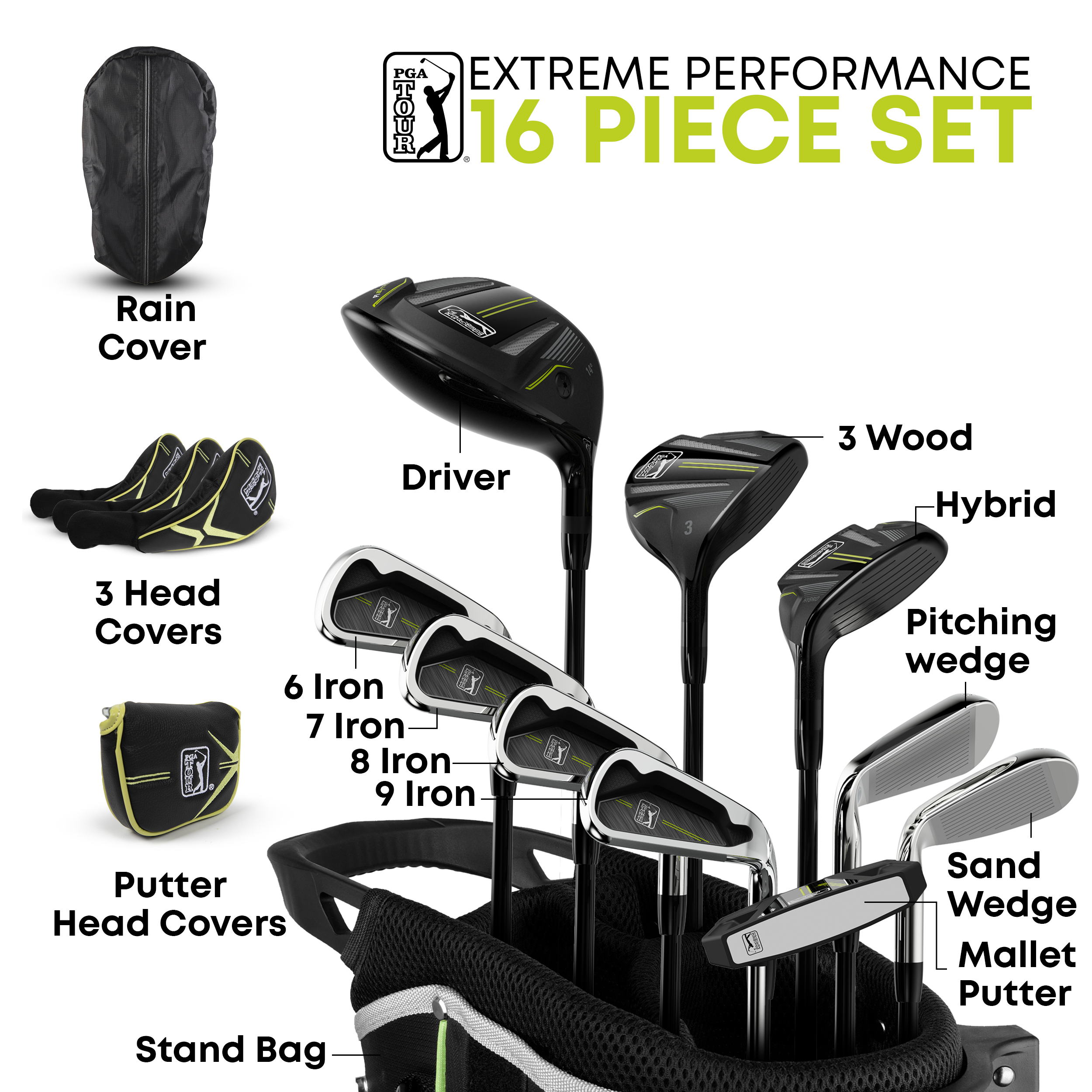 Golfgen™ PGA TOUR P1 EXTREME 17-Piece Complete Golf Club Set – Youth Kids Junior Right-Handed Golf Clubs for Boys & Girls – Full Titanium Driver, Stainless Steel Irons, High MOI Putter – Stand Bag & More