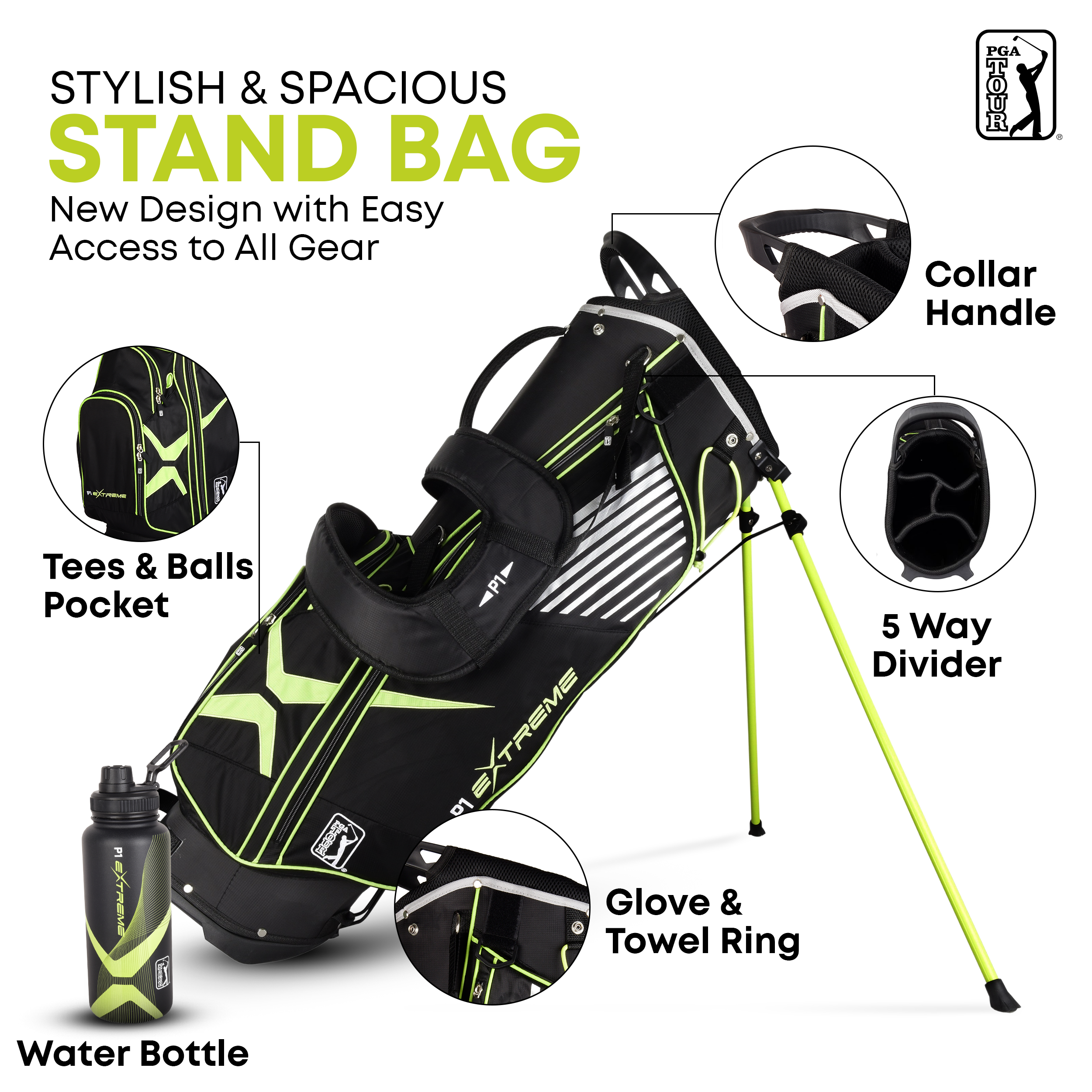 Golfgen™ PGA TOUR P1 EXTREME 17-Piece Complete Golf Club Set – Youth Kids Junior Right-Handed Golf Clubs for Boys & Girls – Full Titanium Driver, Stainless Steel Irons, High MOI Putter – Stand Bag & More