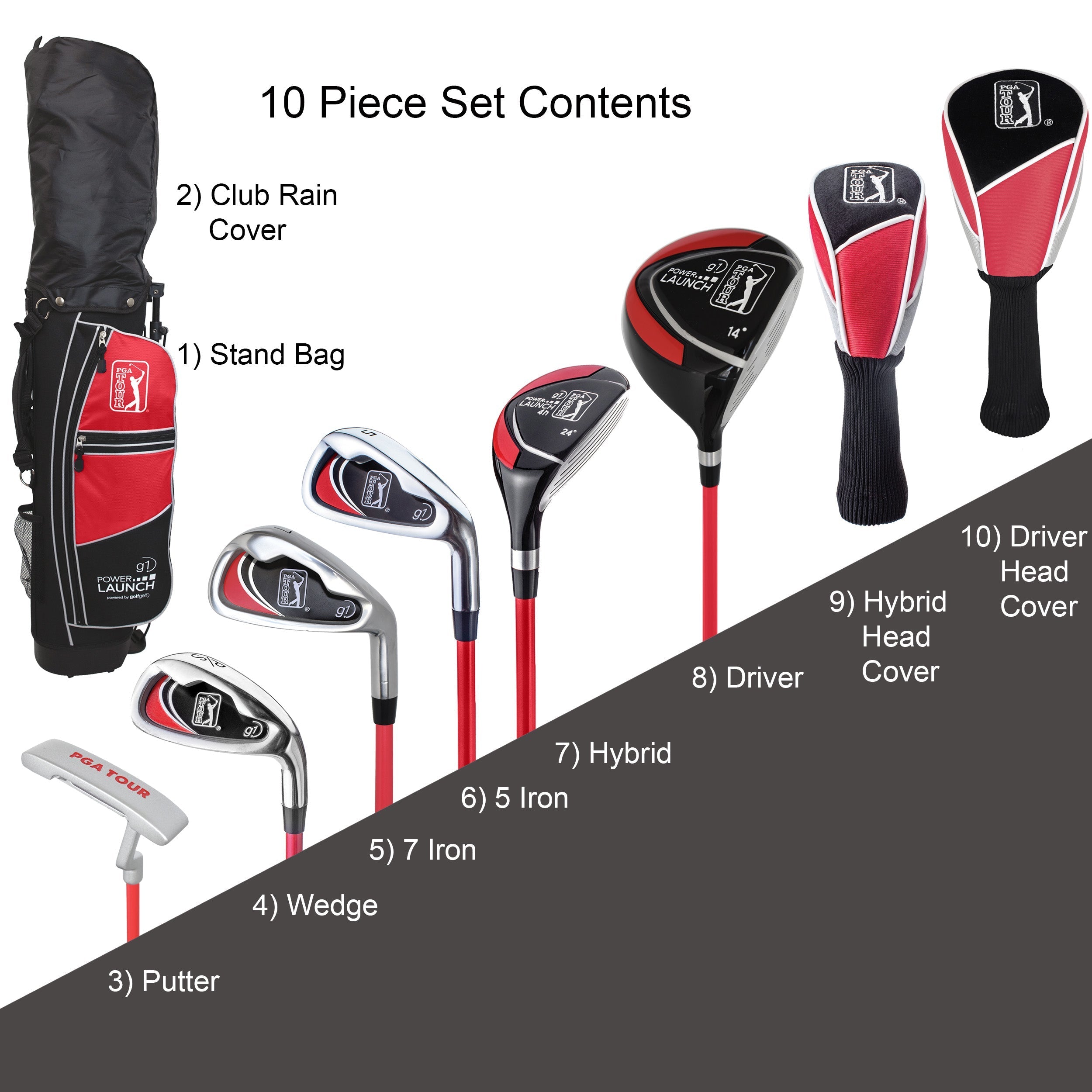 PGA TOUR® Juniors 10 Piece Right Handed Red Golf Club Set for Player Heights 4'1"-4'8" | Complete Junior Golf Club Set