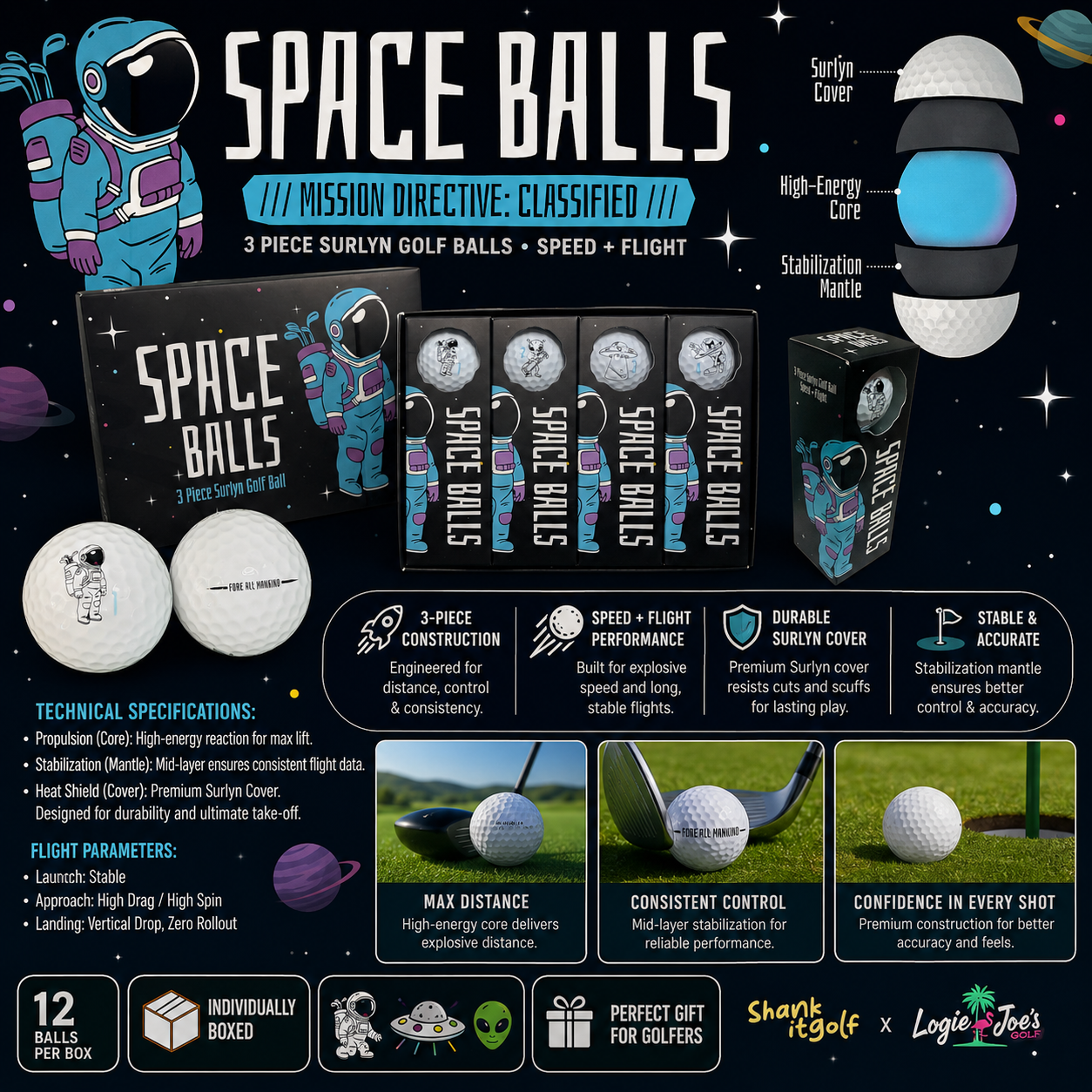 Space Balls Pro Series Golf Balls | 3-Piece Surlyn Golf Balls | 12-Pack