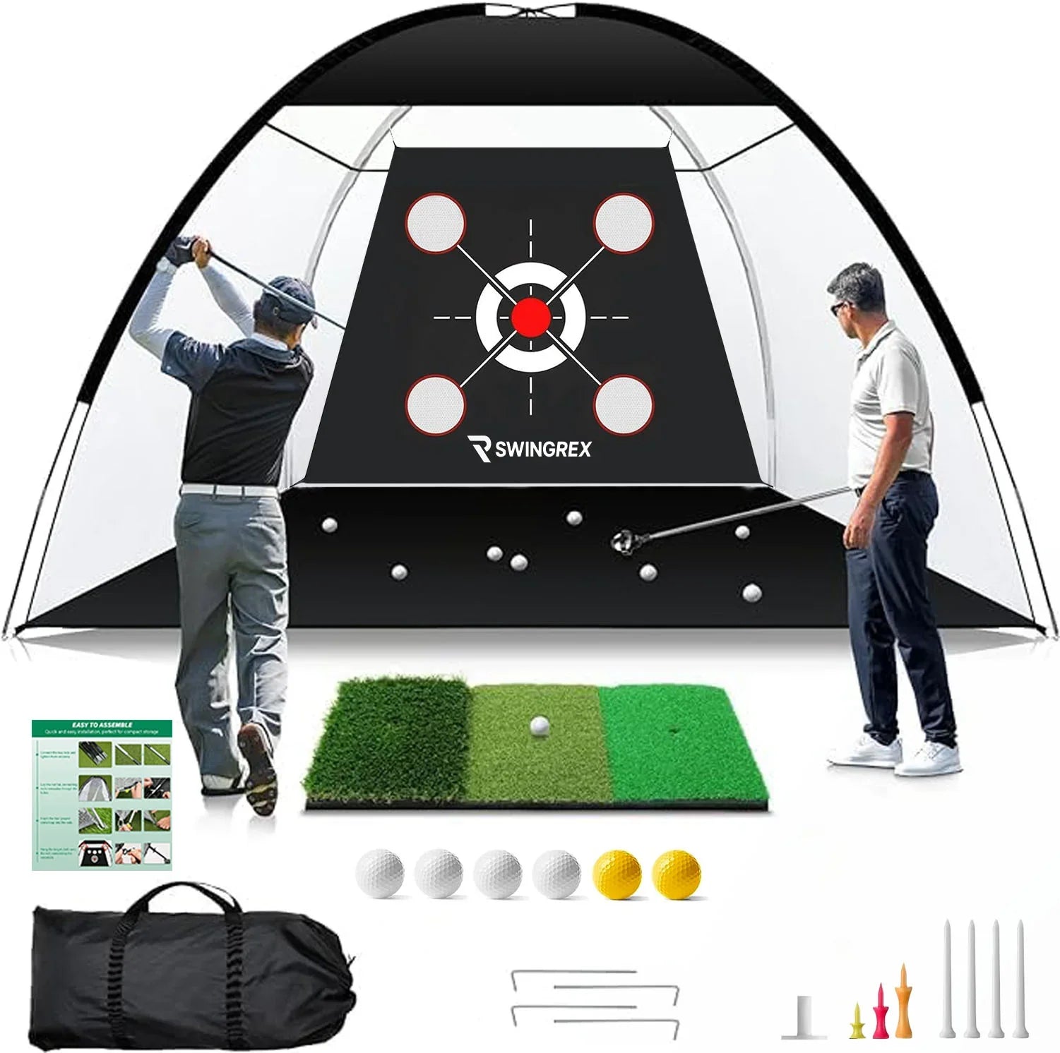 SwingRex 10x7 FT Golf Practice Net with Mat & Target | Backyard Driving & Chipping Trainer (4 Pockets)