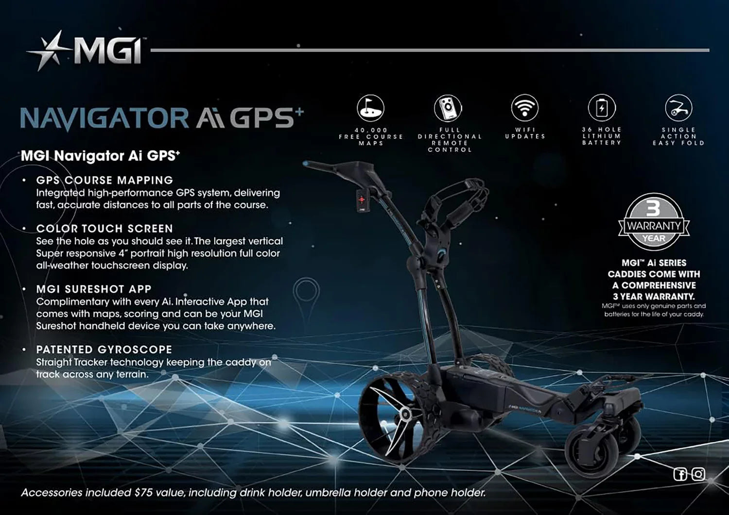 MGI Navigator AI GPS+ Electric Golf Caddy Cart