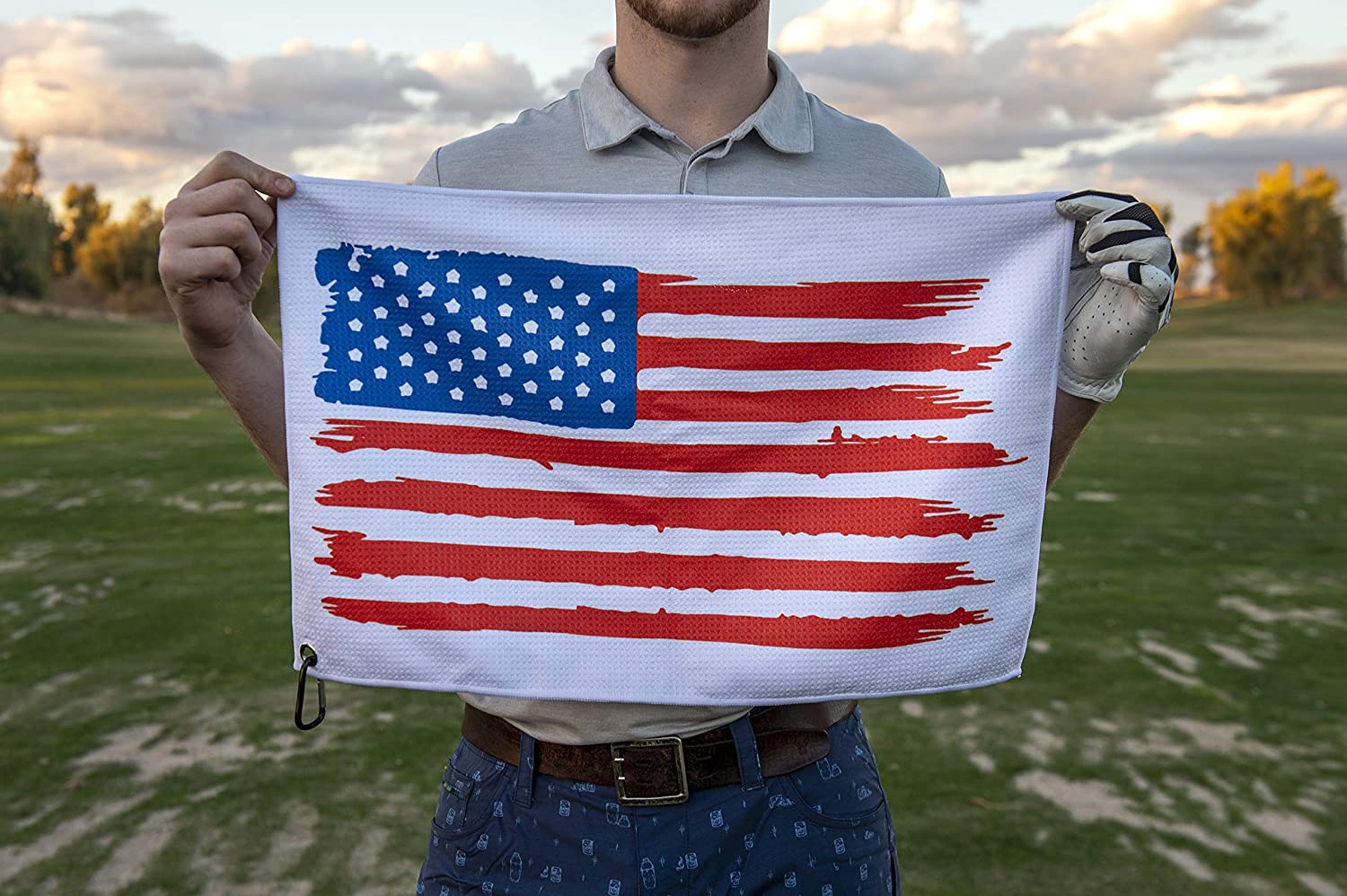 American Flag Golf Towel with Clip - 24x16 inch USA Microfiber Golf Towels