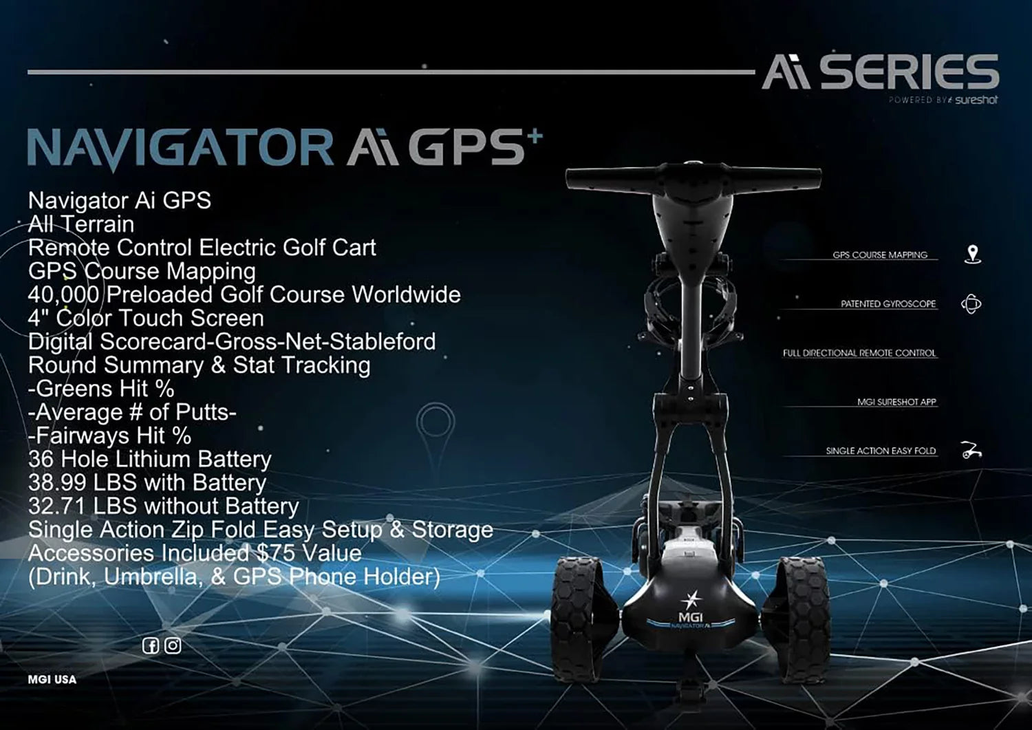 MGI Navigator AI GPS+ Electric Golf Caddy Cart