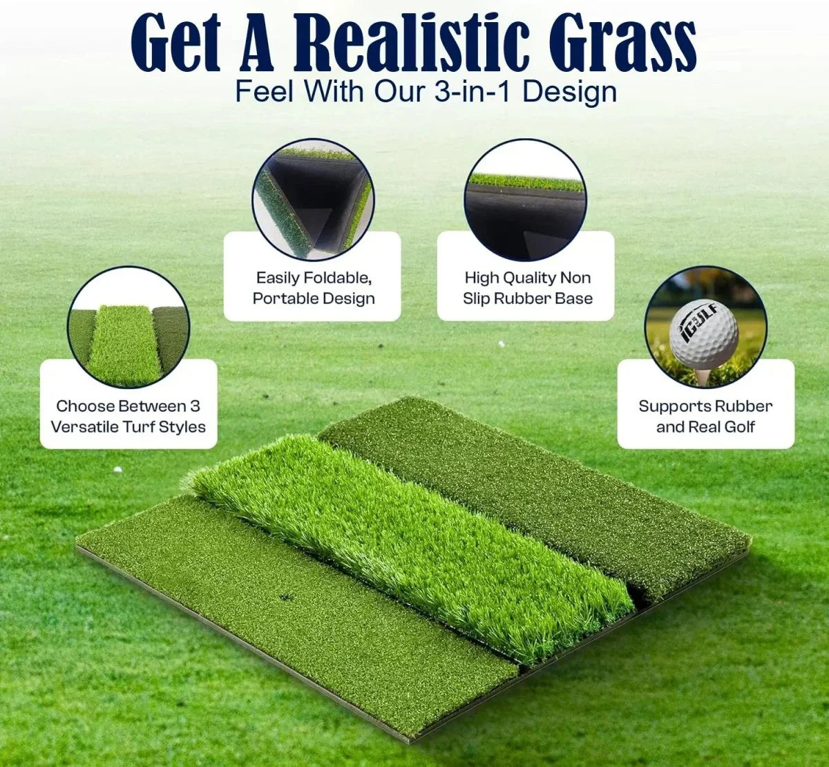 Swing Rex Premium 3-in-1 Golf Mat 24"x24" – Tri-Turf Practice Mat – Foldable Non-Slip Base