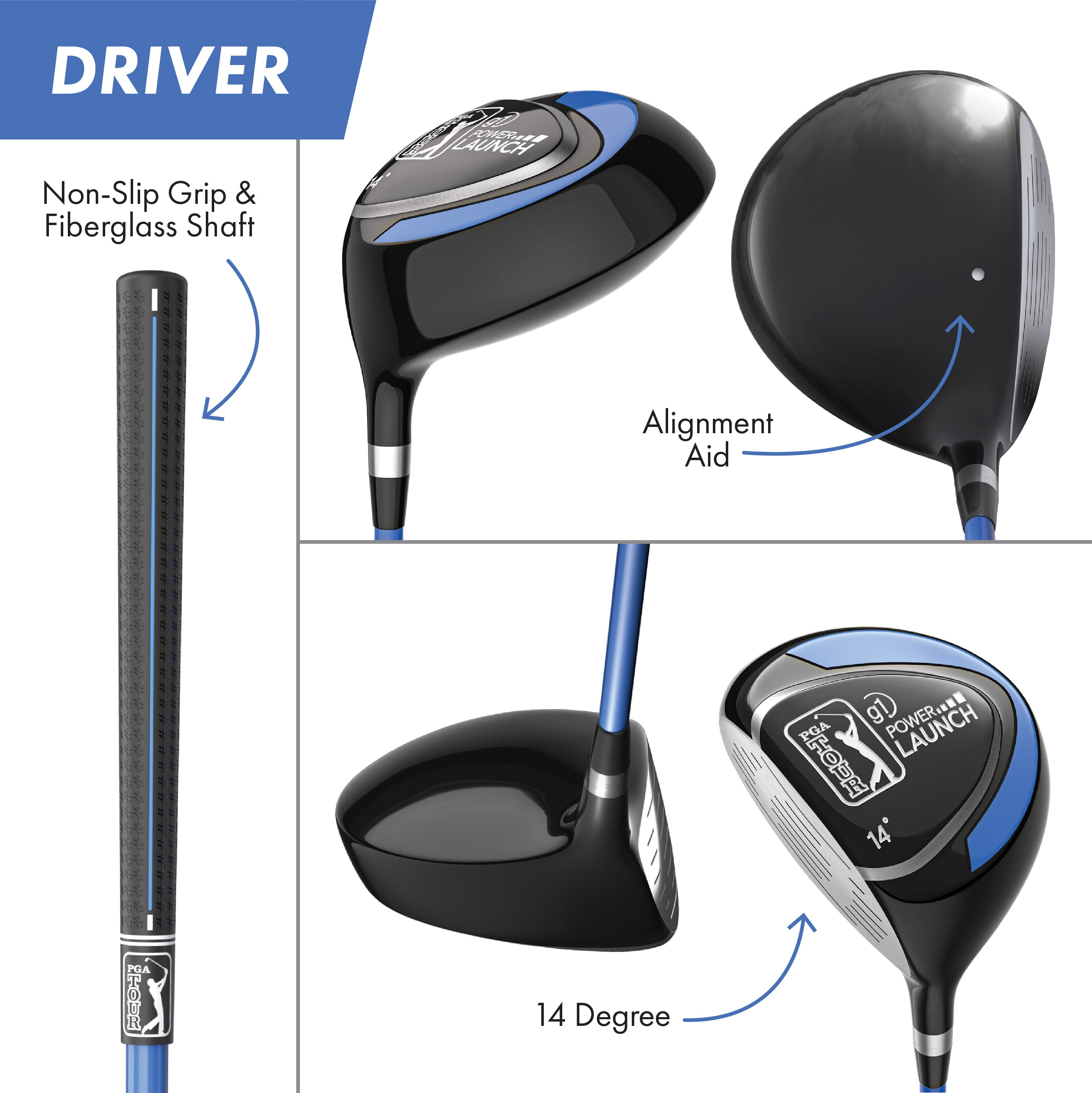 PGA TOUR® Juniors Left Handed Blue Golf Club Set by Golfgen® for Player Heights 4'8" - 5'3" | Complete Junior Golf Club Set