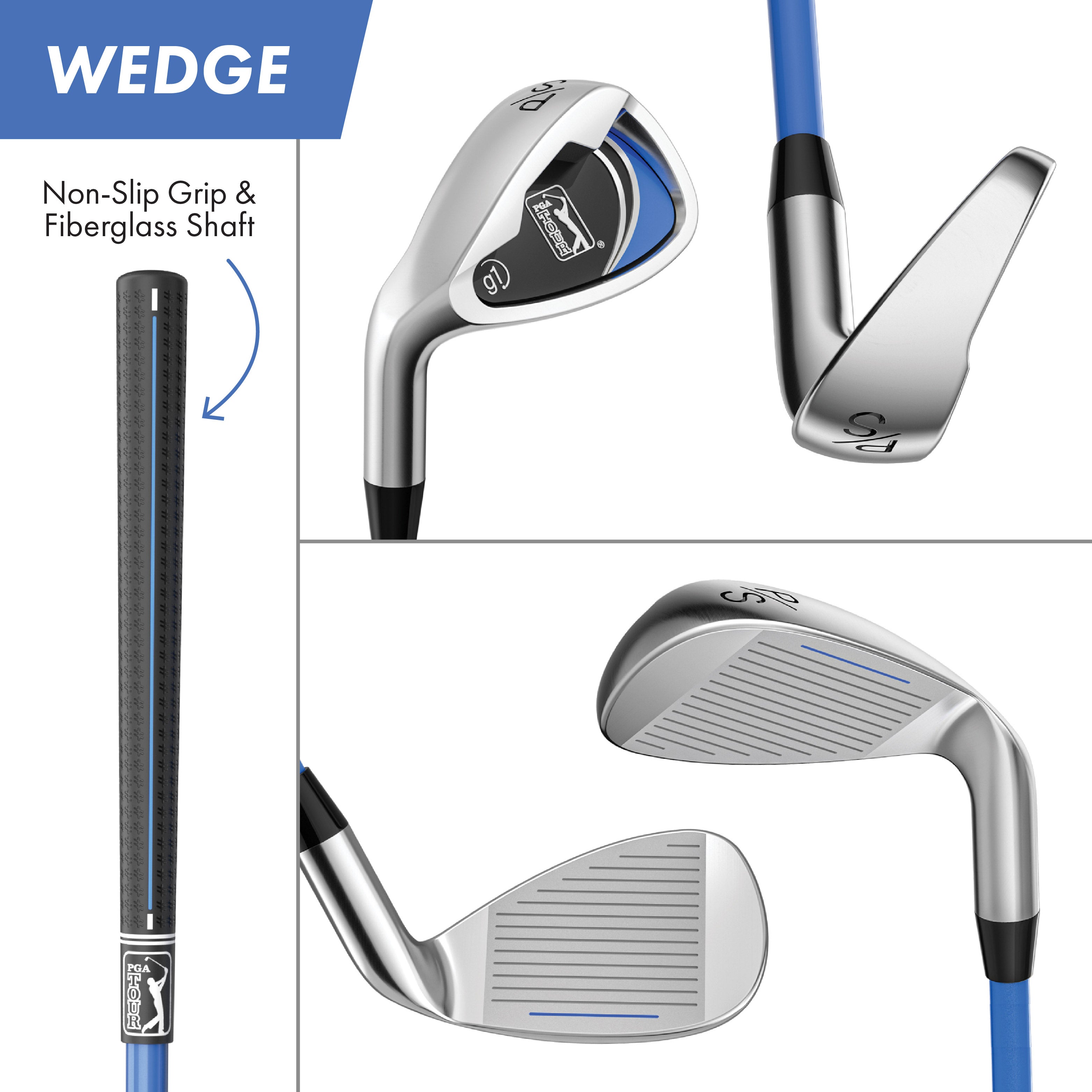 PGA TOUR® Juniors Left Handed Blue Golf Club Set by Golfgen® for Player Heights 4'8" - 5'3" | Complete Junior Golf Club Set