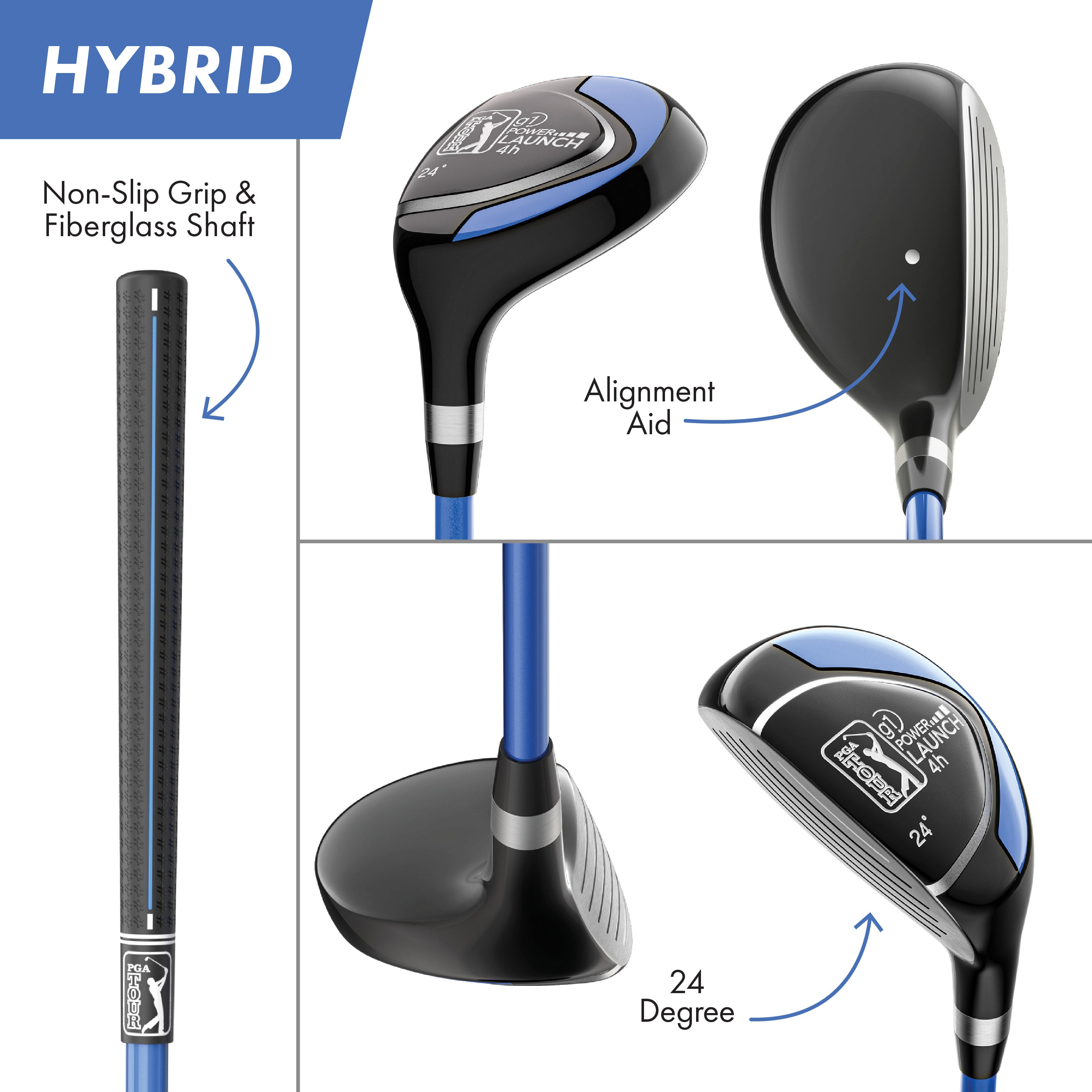 PGA TOUR® Juniors Left Handed Blue Golf Club Set by Golfgen® for Player Heights 4'8" - 5'3" | Complete Junior Golf Club Set