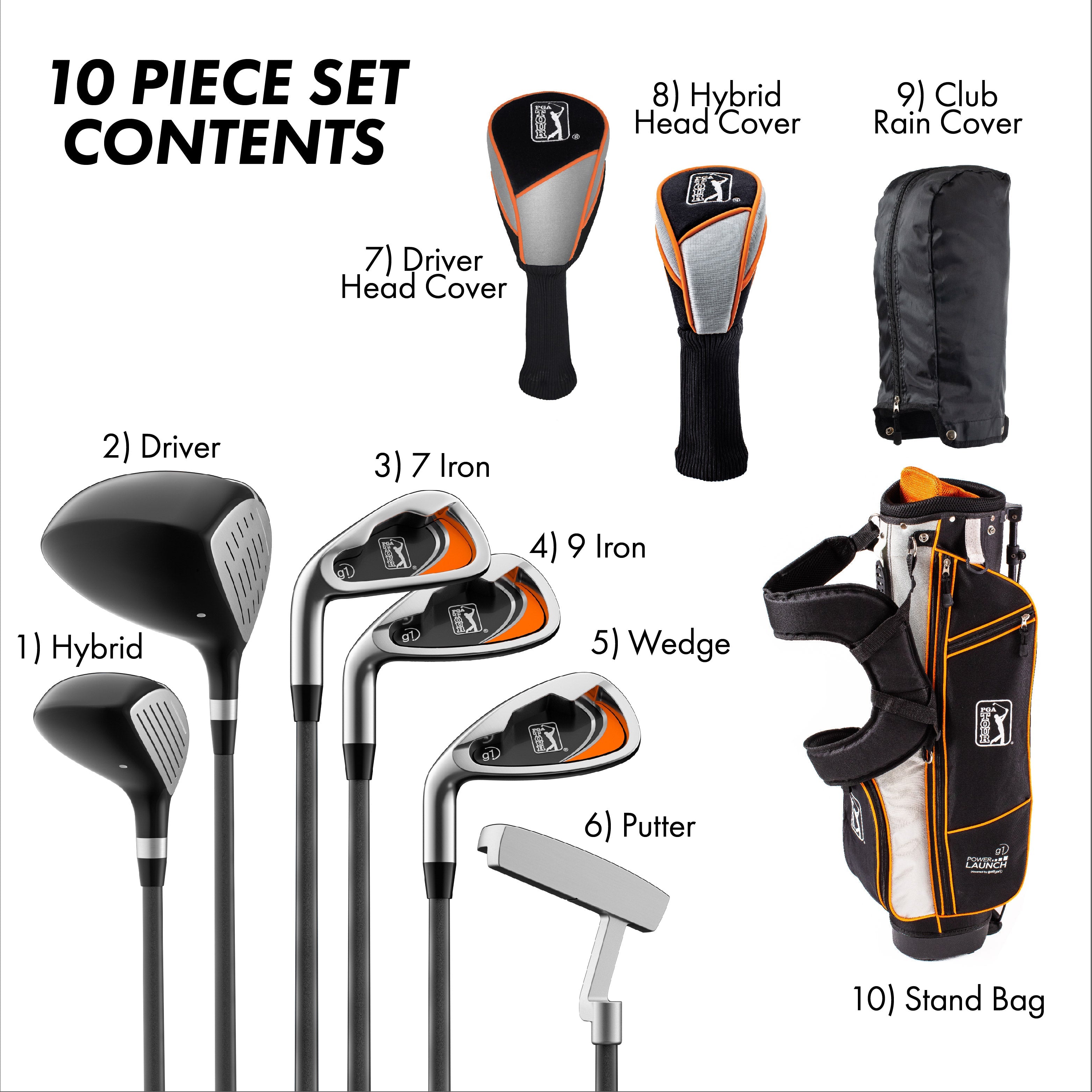 Golfgen™ PGA TOUR Youth Golf Club Set – 10-Piece Left-Handed Junior Golf Club Set for Ages 12+ – Beginner Golf Clubs for Kids with Lightweight Stand Bag, Hybrid, Wedge & Mallet Putter