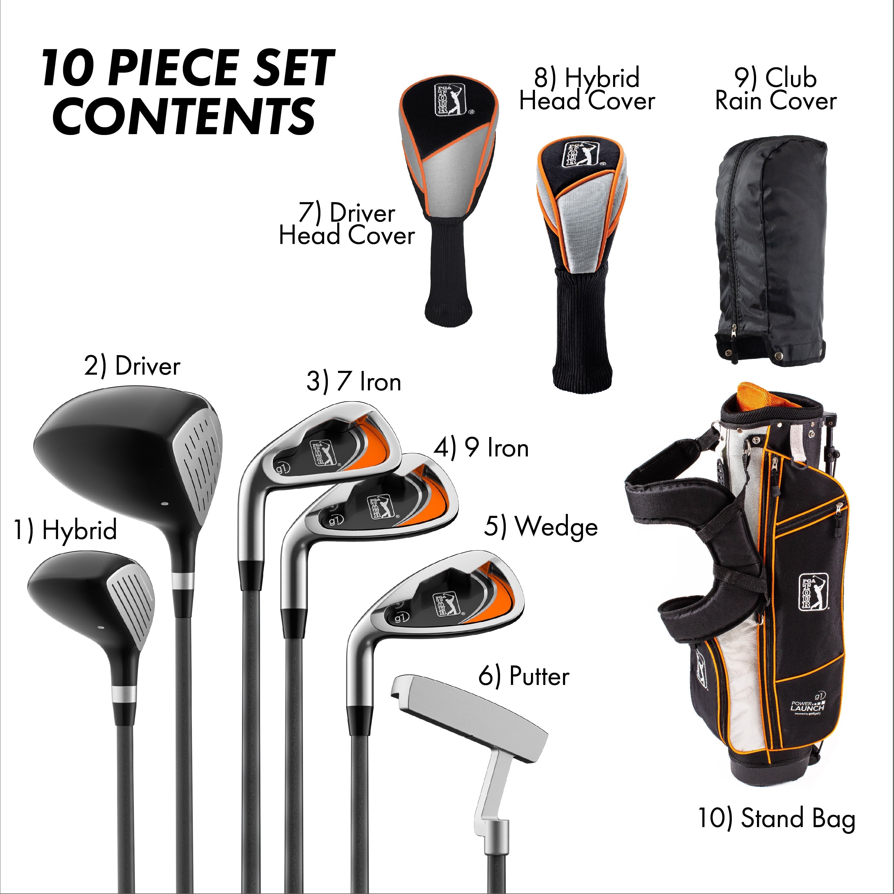 PGA TOUR® Juniors Left Handed Orange Golf Club Set by Golfgen® for Player Heights 5'3" - 5'10" | Complete Junior Golf Club Set