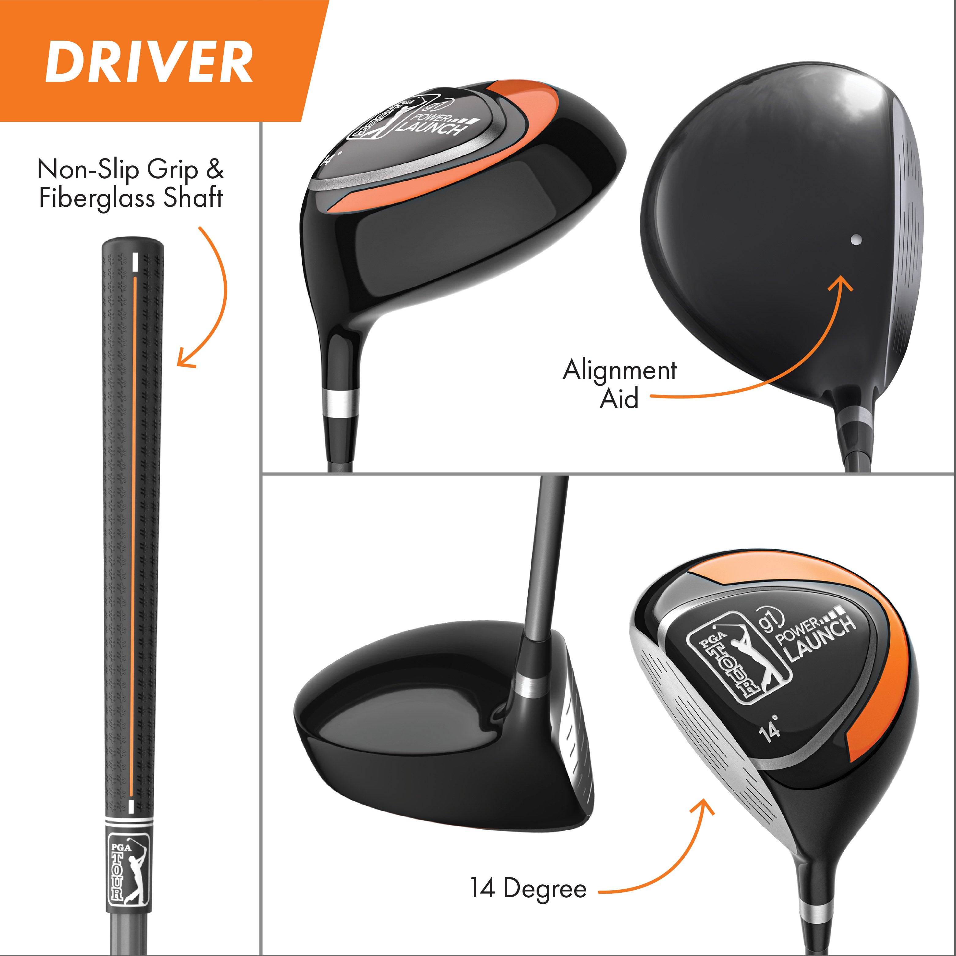 PGA TOUR® Juniors Left Handed Orange Golf Club Set by Golfgen® for Player Heights 5'3" - 5'10" | Complete Junior Golf Club Set