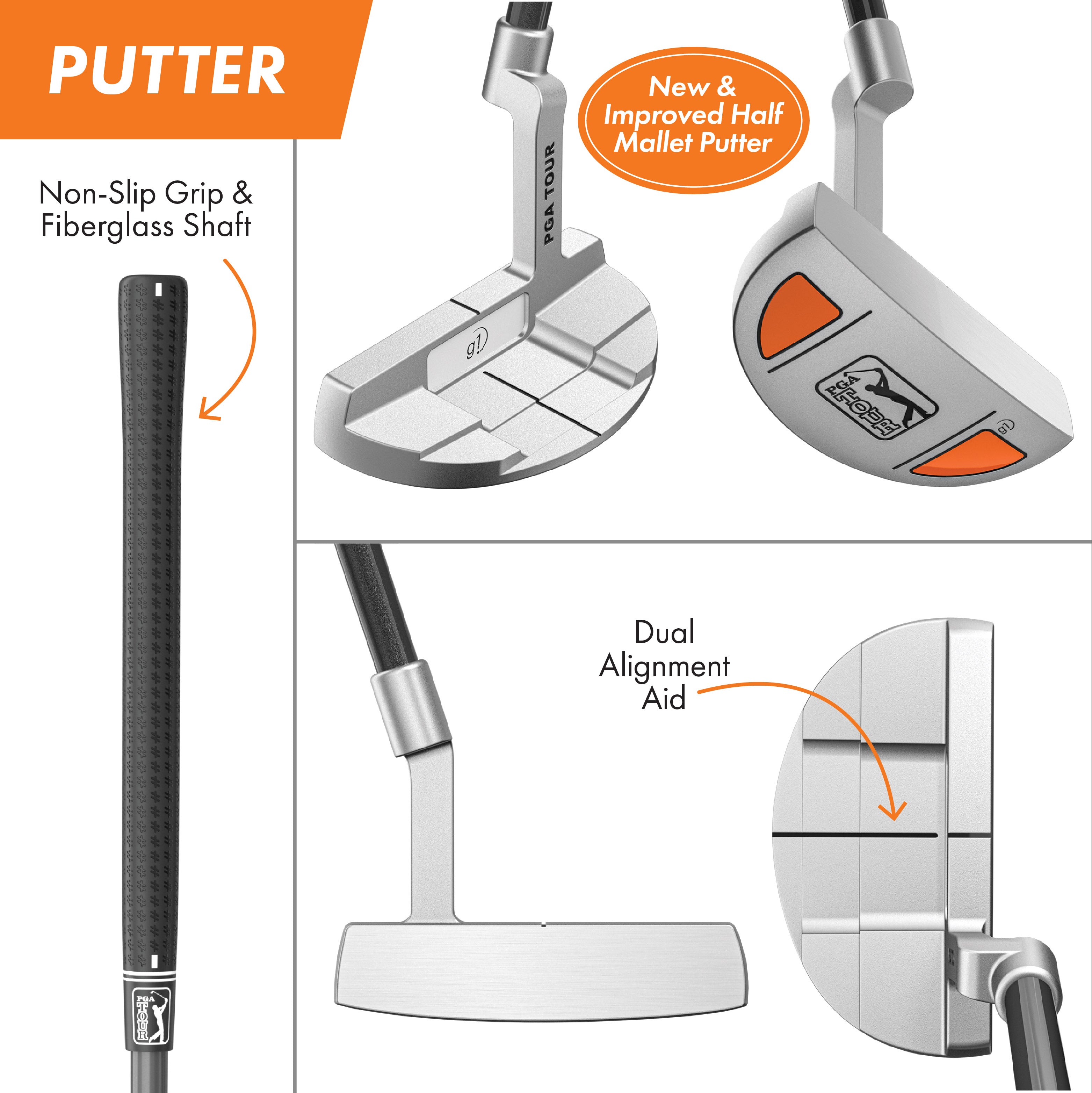 PGA TOUR® Juniors Left Handed Orange Golf Club Set by Golfgen® for Player Heights 5'3" - 5'10" | Complete Junior Golf Club Set