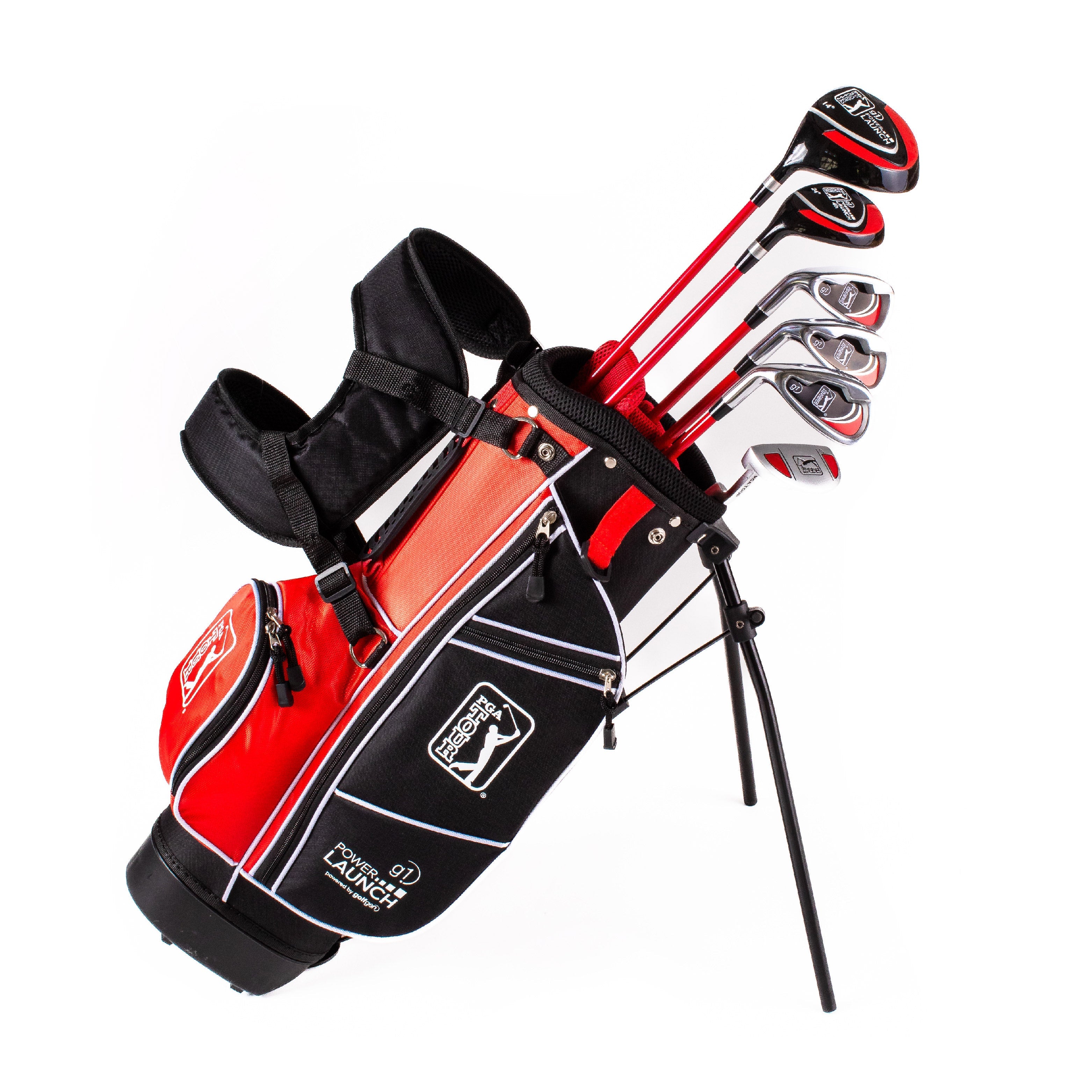 PGA TOUR® Juniors Left Handed 10 Piece Red Golf Club Set by Golfgen® for Player Heights 4'1" - 4'8" | Complete Junior Golf Club Set
