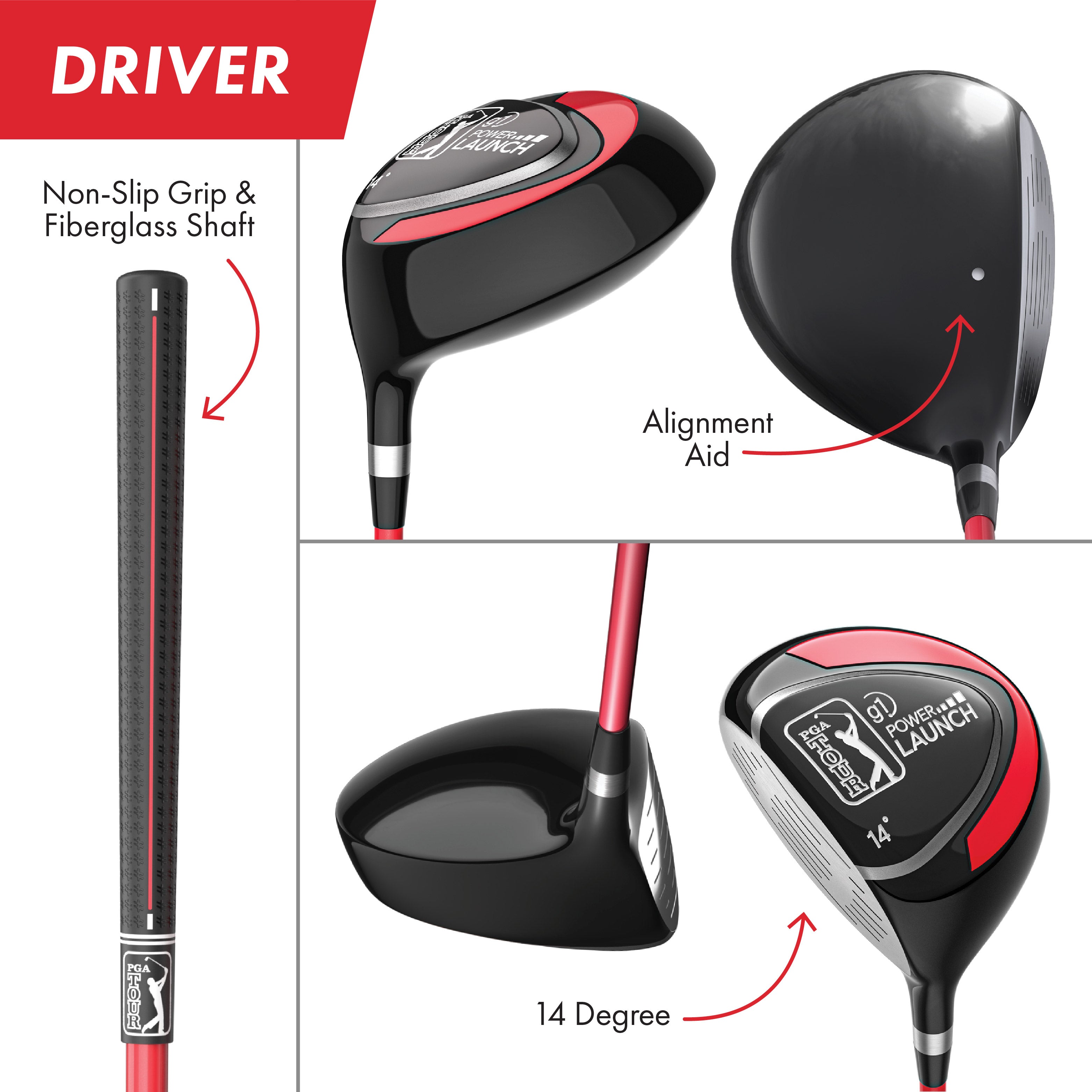 PGA TOUR® Juniors Left Handed 10 Piece Red Golf Club Set by Golfgen® for Player Heights 4'1" - 4'8" | Complete Junior Golf Club Set
