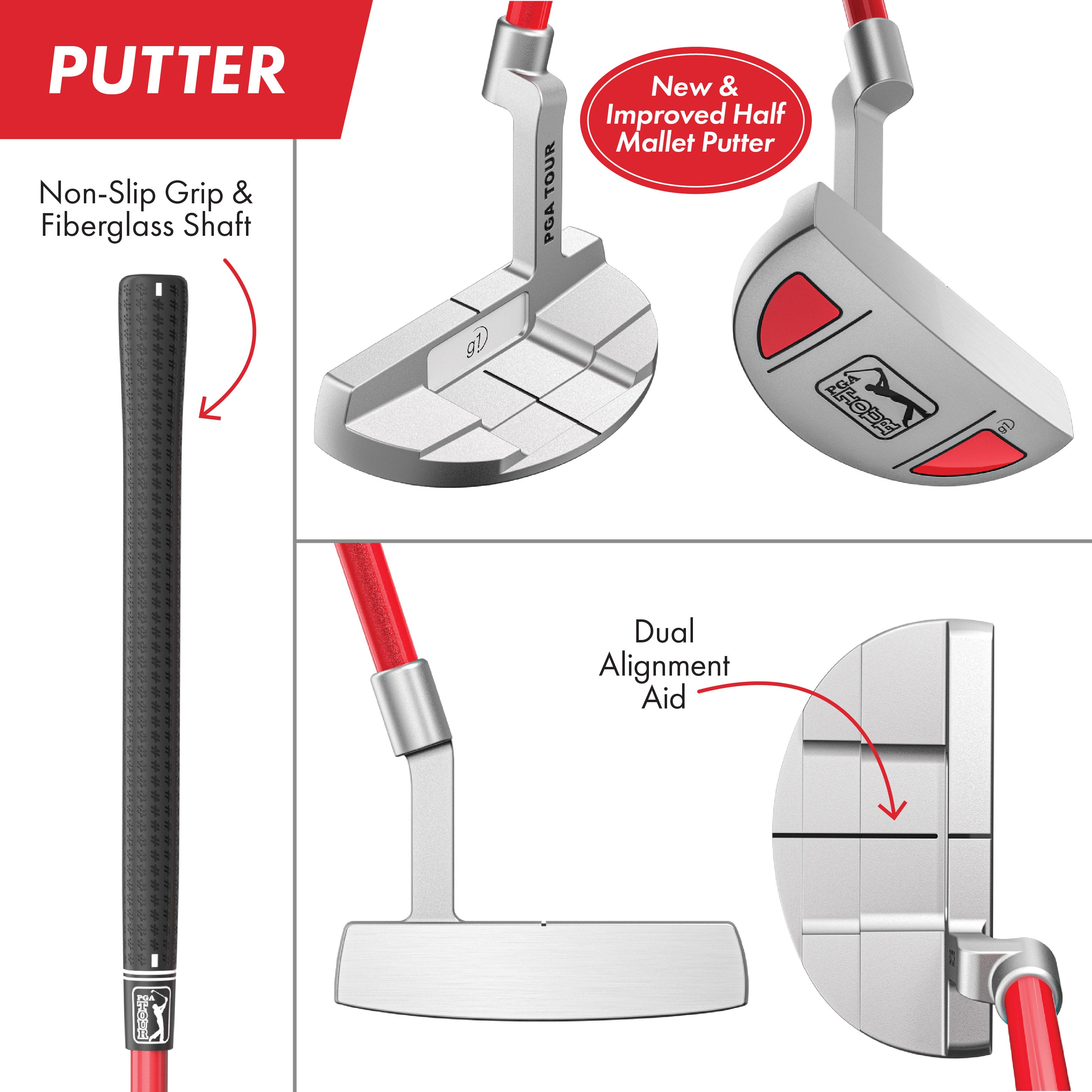 PGA TOUR® Juniors Left Handed 10 Piece Red Golf Club Set by Golfgen® for Player Heights 4'1" - 4'8" | Complete Junior Golf Club Set