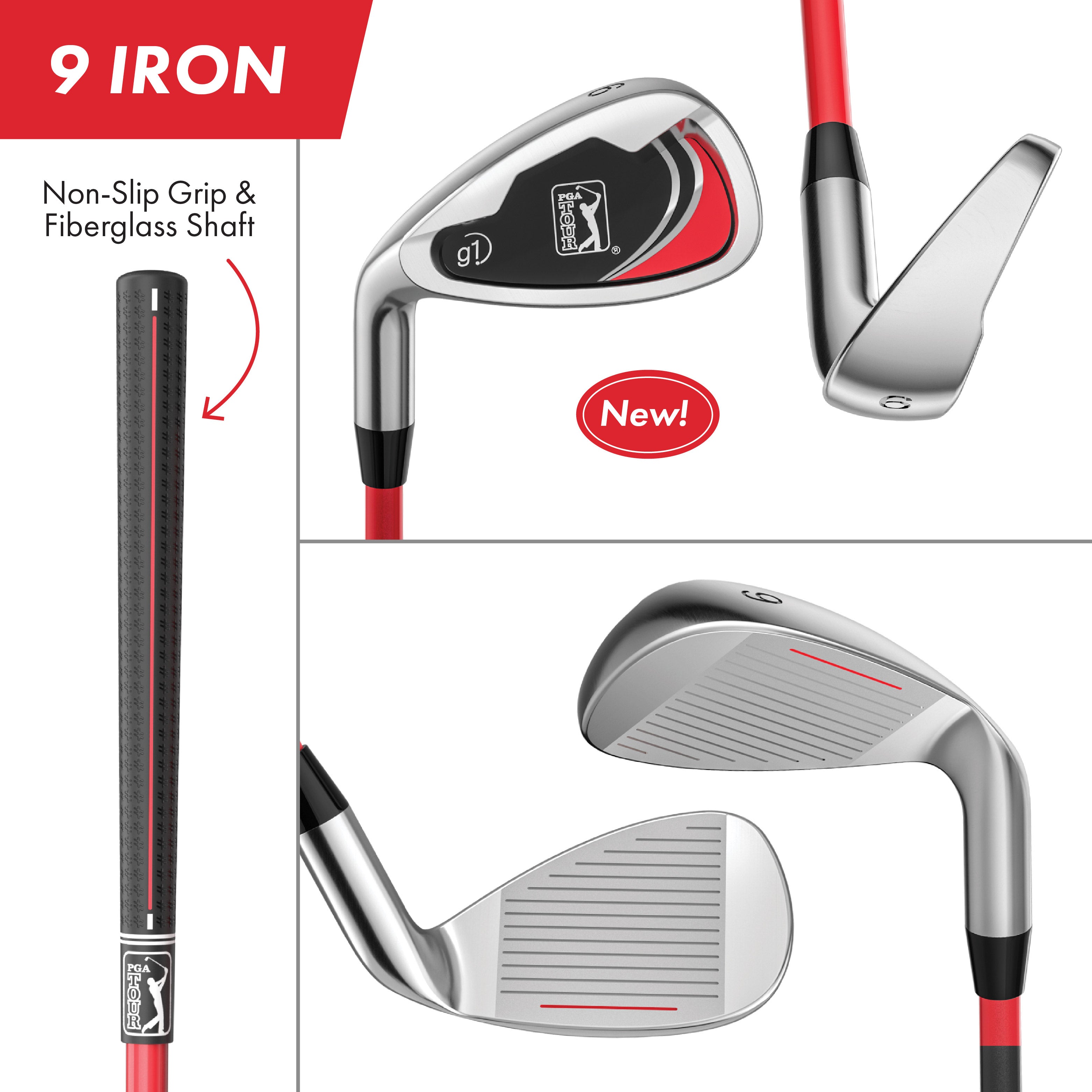 PGA TOUR® Juniors Left Handed 10 Piece Red Golf Club Set by Golfgen® for Player Heights 4'1" - 4'8" | Complete Junior Golf Club Set