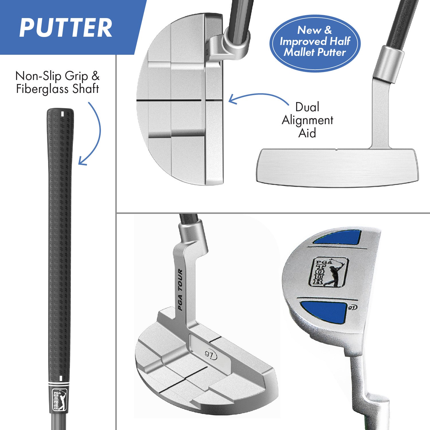 PGA TOUR® Juniors Right Handed Blue Golf Club Set by Golfgen® for Player Heights 4'8" - 5'3" | Complete Junior Golf Club Set