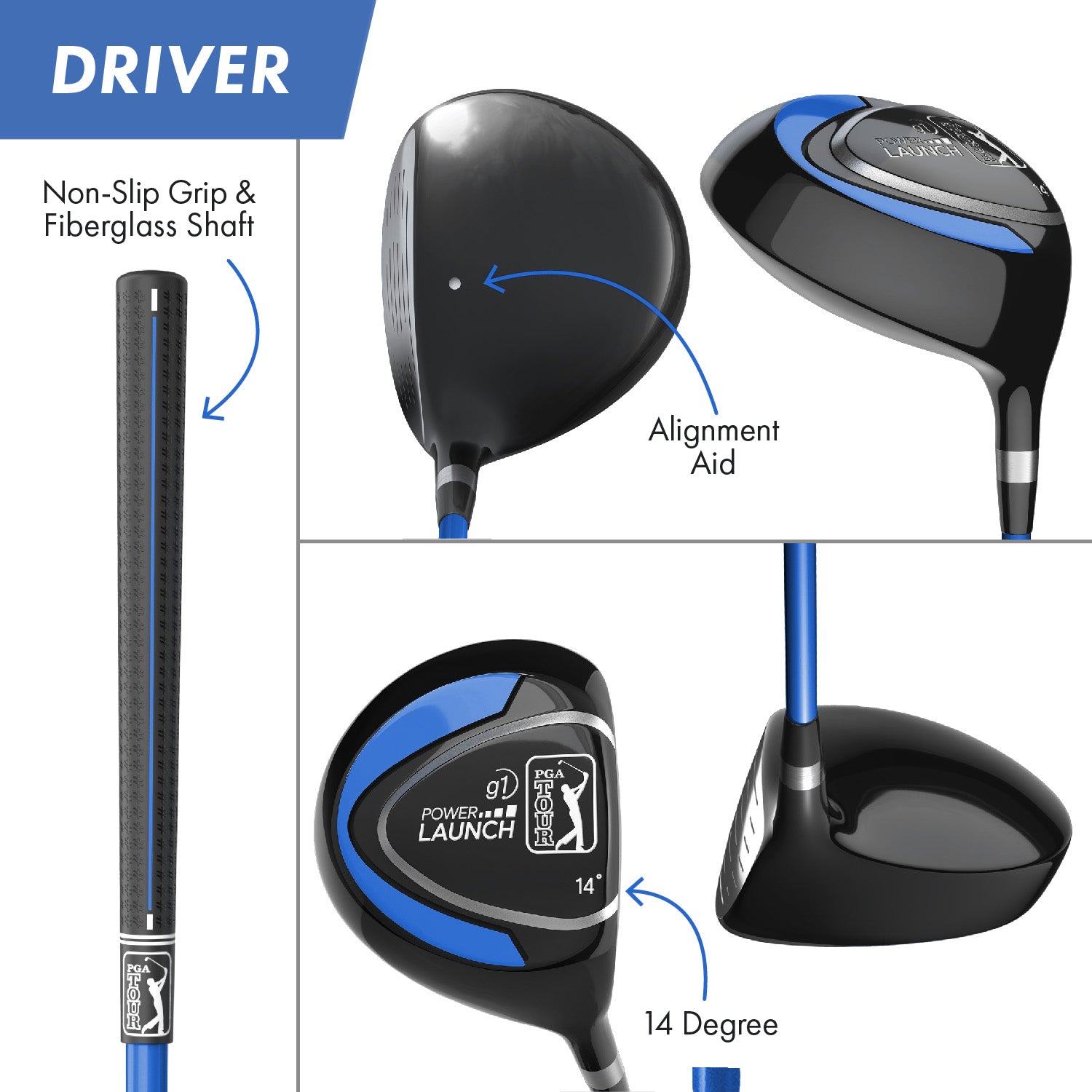 PGA TOUR® Juniors Right Handed Blue Golf Club Set by Golfgen® for Player Heights 4'8" - 5'3" | Complete Junior Golf Club Set