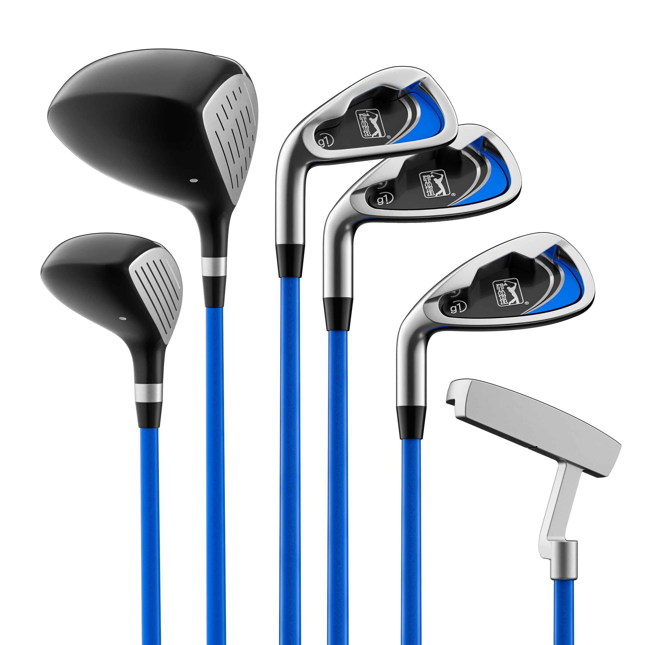 PGA TOUR® Juniors Left Handed Blue Golf Club Set by Golfgen® for Player Heights 4'8" - 5'3" | Complete Junior Golf Club Set