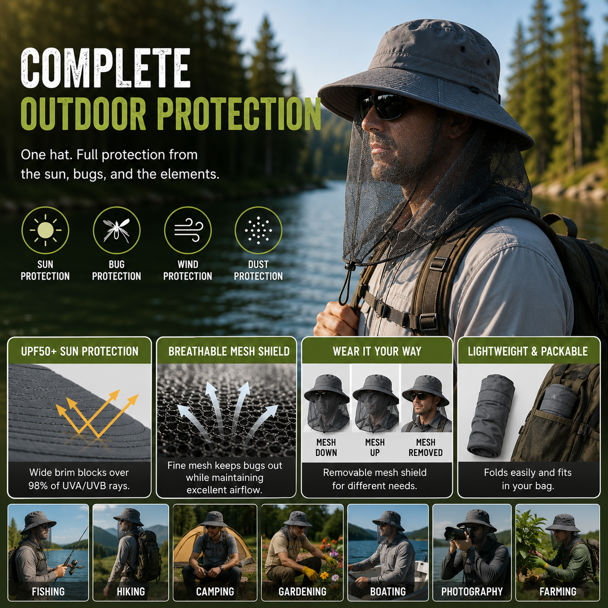 LITEGUEST Mosquito-Proof Fishing Hat – UPF50+ Sun & Bug Protection Hat