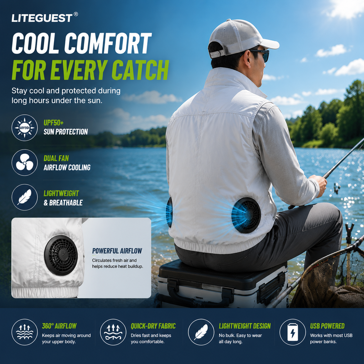 LITEGUEST UPF50+ Cooling Fan Vest | Outdoor Sun Protection Gear