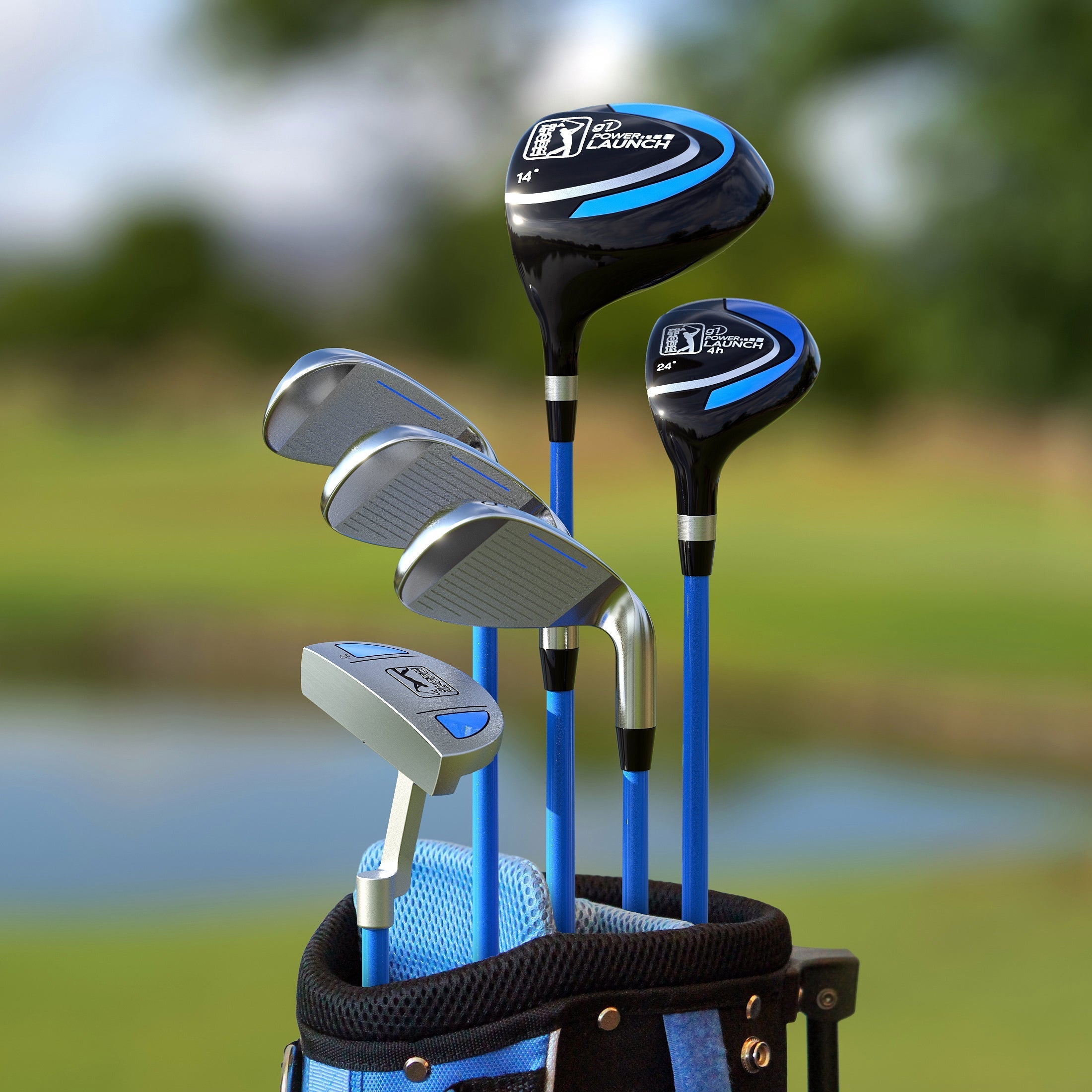 PGA TOUR® Juniors Left Handed Blue Golf Club Set by Golfgen® for Player Heights 4'8" - 5'3" | Complete Junior Golf Club Set