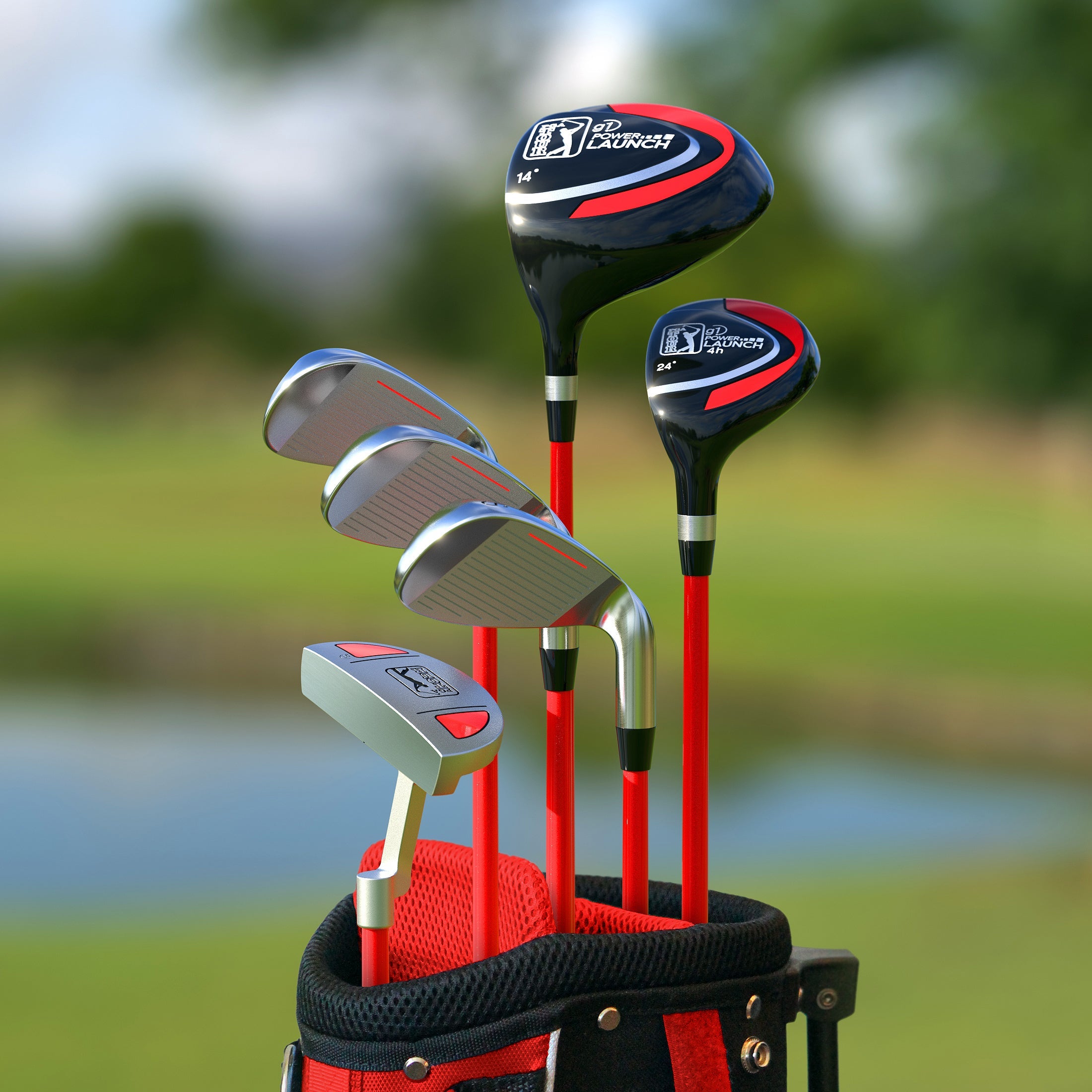 PGA TOUR® Juniors Left Handed 10 Piece Red Golf Club Set by Golfgen® for Player Heights 4'1" - 4'8" | Complete Junior Golf Club Set