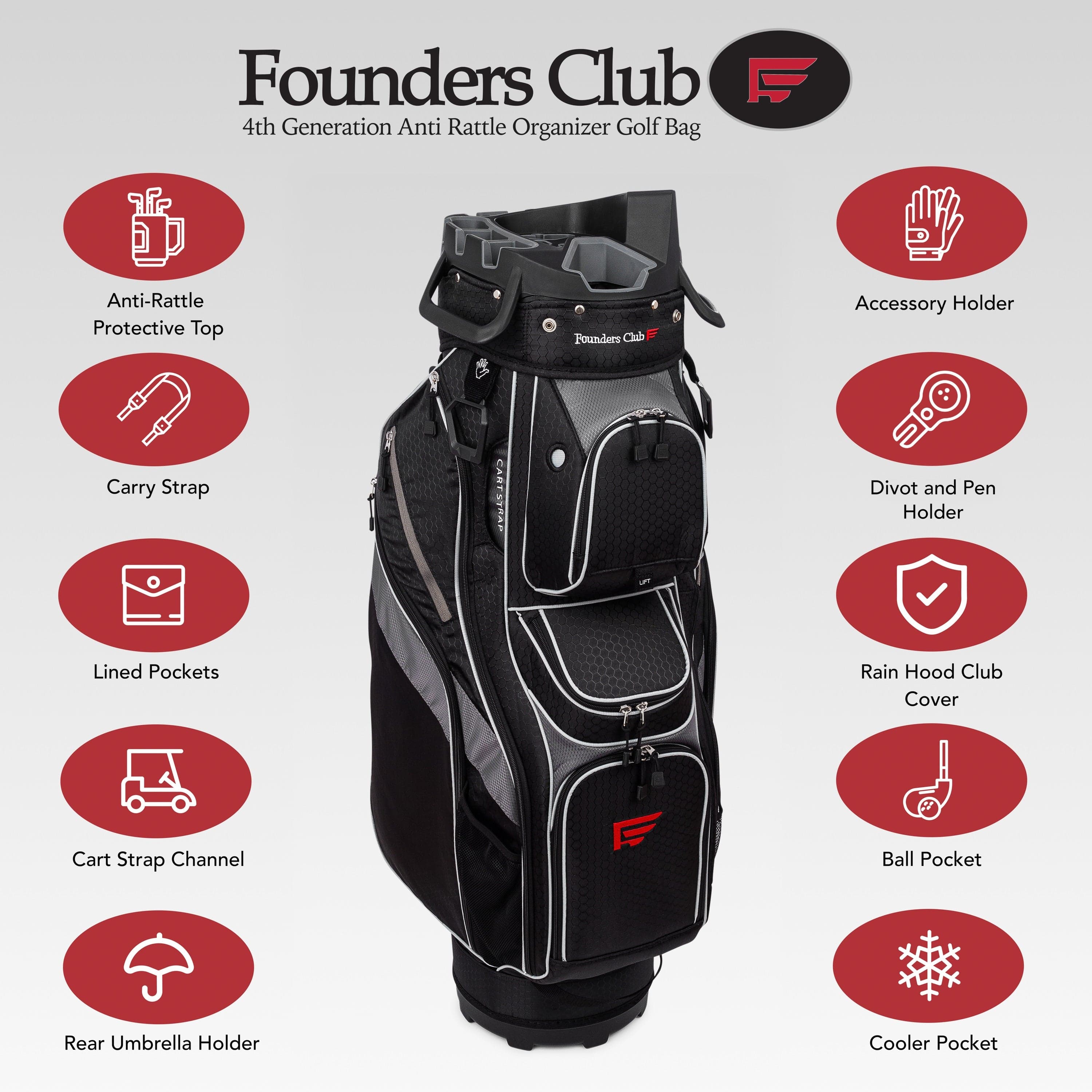 Founders Club 4th Generation Player Series Club Lock Organizer Golf Cart Bag for Men with 14 Way Anti Rattle Divider Top- Free Snap On Rain Hood-Full Length Dividers