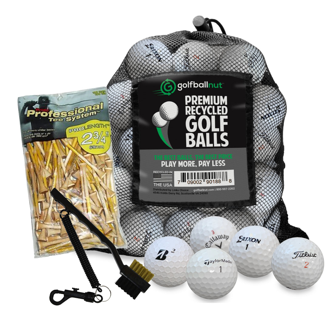 Used Golf Ball Starter Bundle - Assorted Models | Includes 100 Pride Professional Wooden Tees, Ball Brush and Reusable Mesh Bag - 24 Count