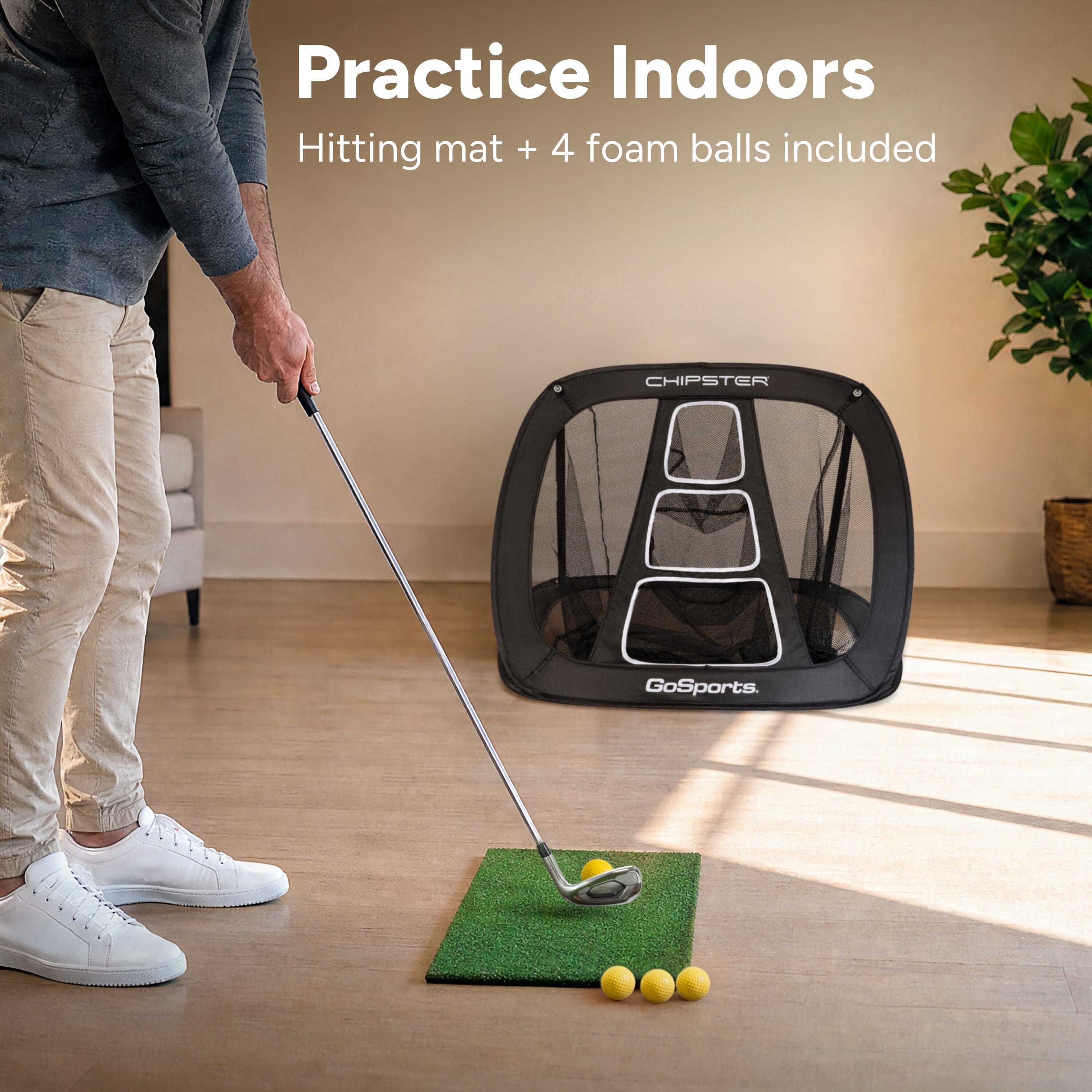 GoSports Chipster PRO Golf Chipping Net - Portable Outdoor & Indoor Golf Practice Target with Hitting Mat and 4 Foam Balls - Best Gifts for Golfers - Black