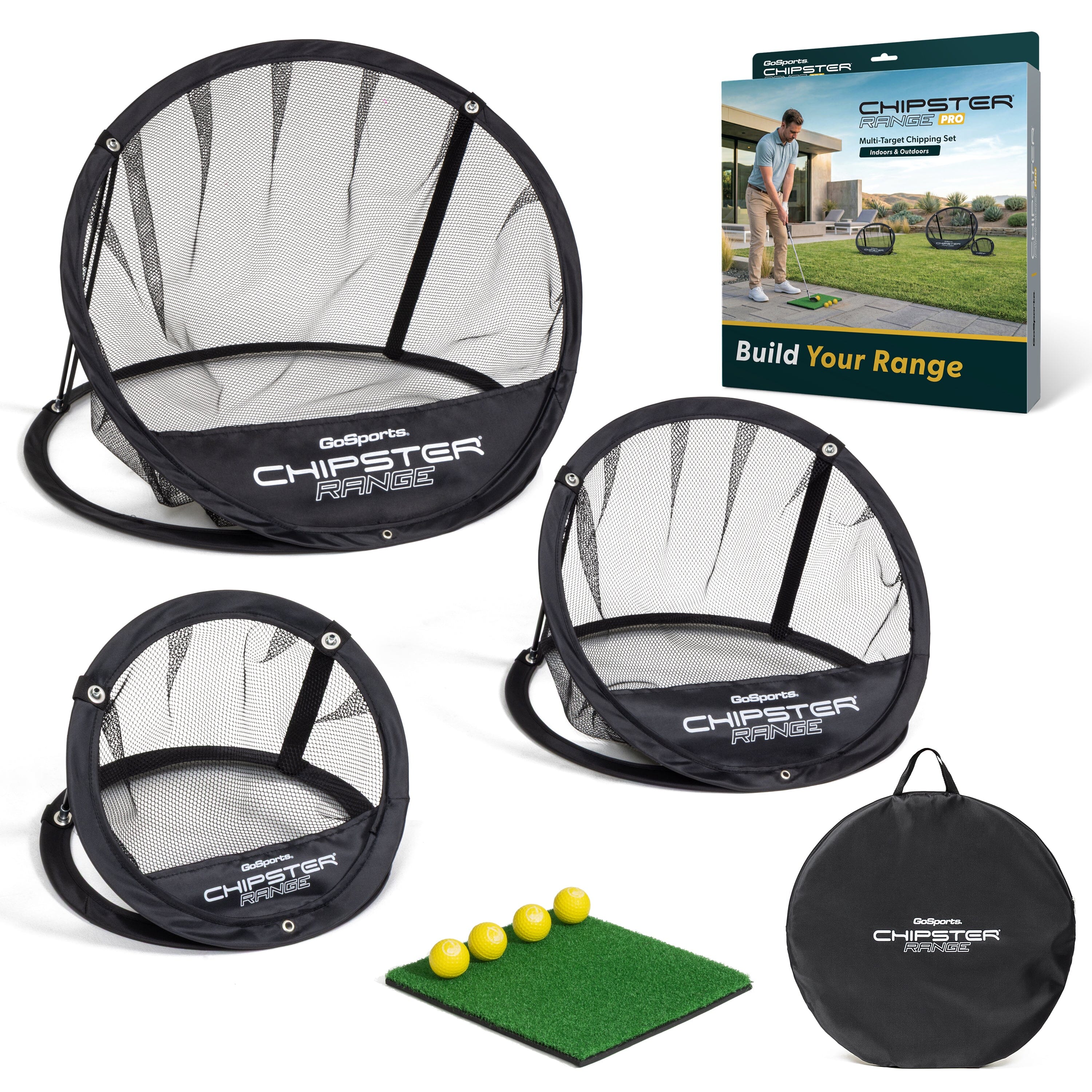 GoSports Chipster Range PRO Golf Chipping Nets - Portable Outdoor & Indoor Golf Practice Targets with Hitting Mat and 4 Foam Balls - Best Gifts for Golfers - Black