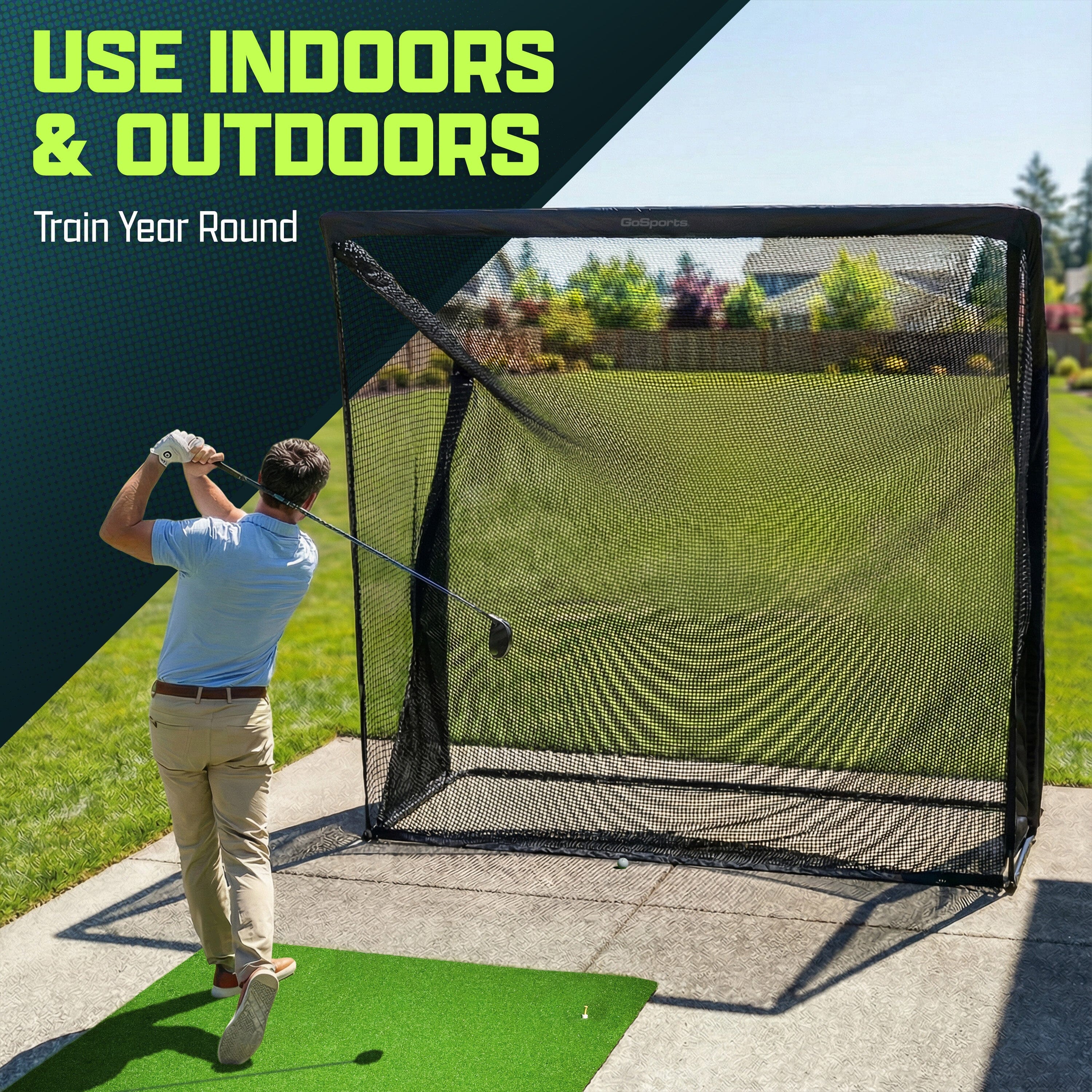 GoSports 8 x 8 ft ELITE Golf Net with LoftGuard Canopy and Steel Frame - Indoor & Outdoor Practice Golf Hitting Net