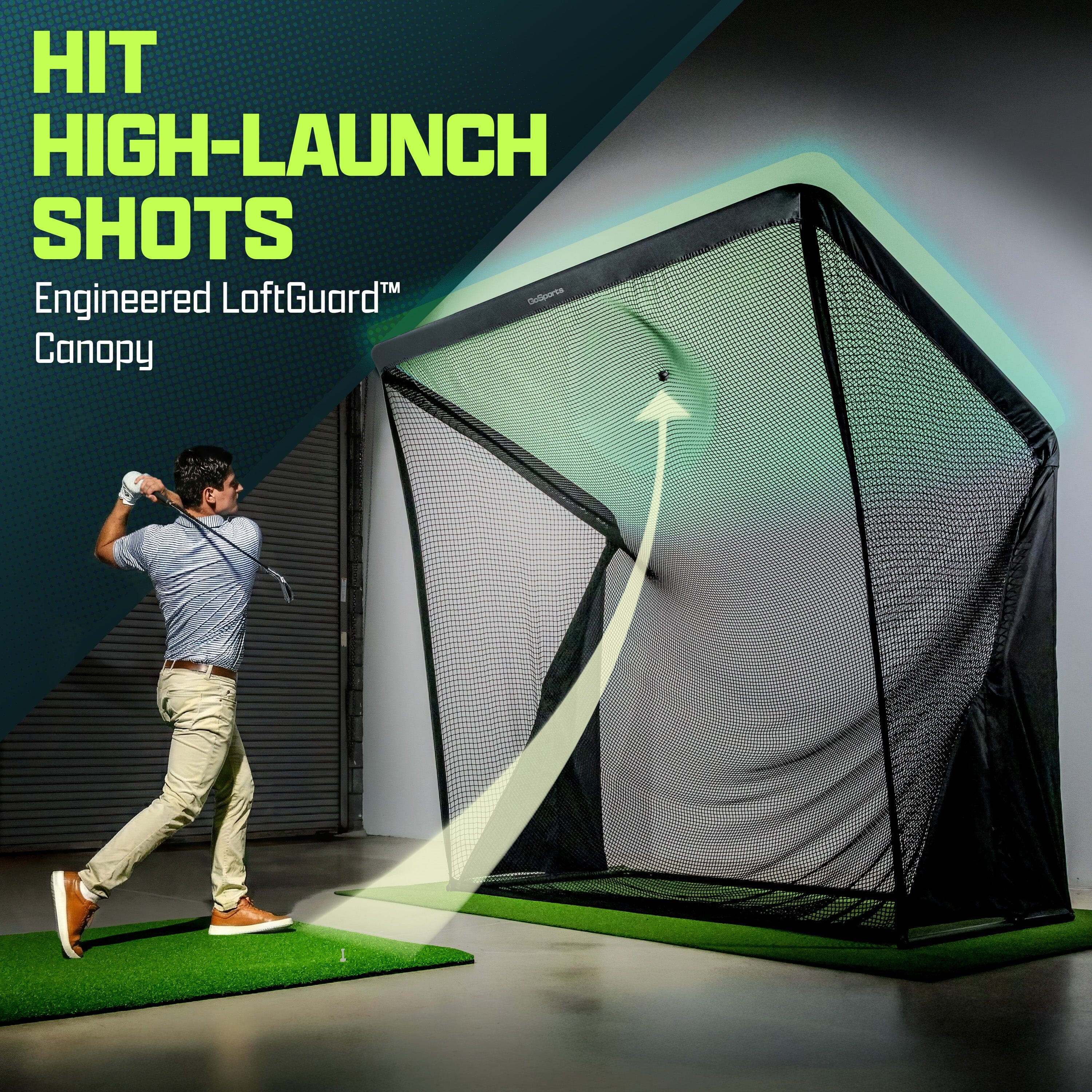 GoSports 8 x 8 ft ELITE Golf Net with LoftGuard Canopy and Steel Frame - Indoor & Outdoor Practice Golf Hitting Net
