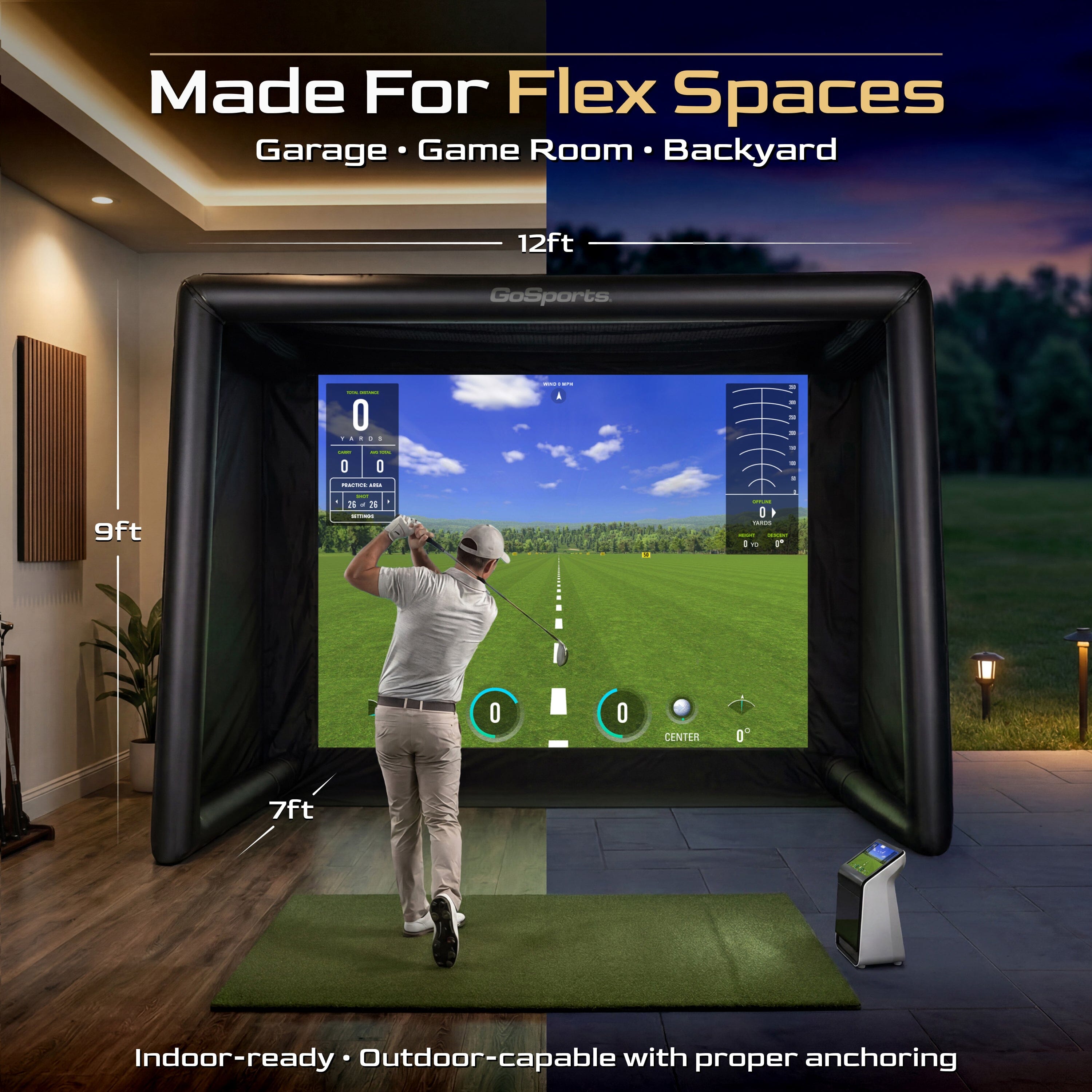 GoSports Commercial Grade Inflatable Golf Simulator Enclosure for Home - 12 x 9 ft Indoor & Outdoor Portable Hitting Cage with Golf Simulator Impact Screen - Includes Electric Pump and Storage Case