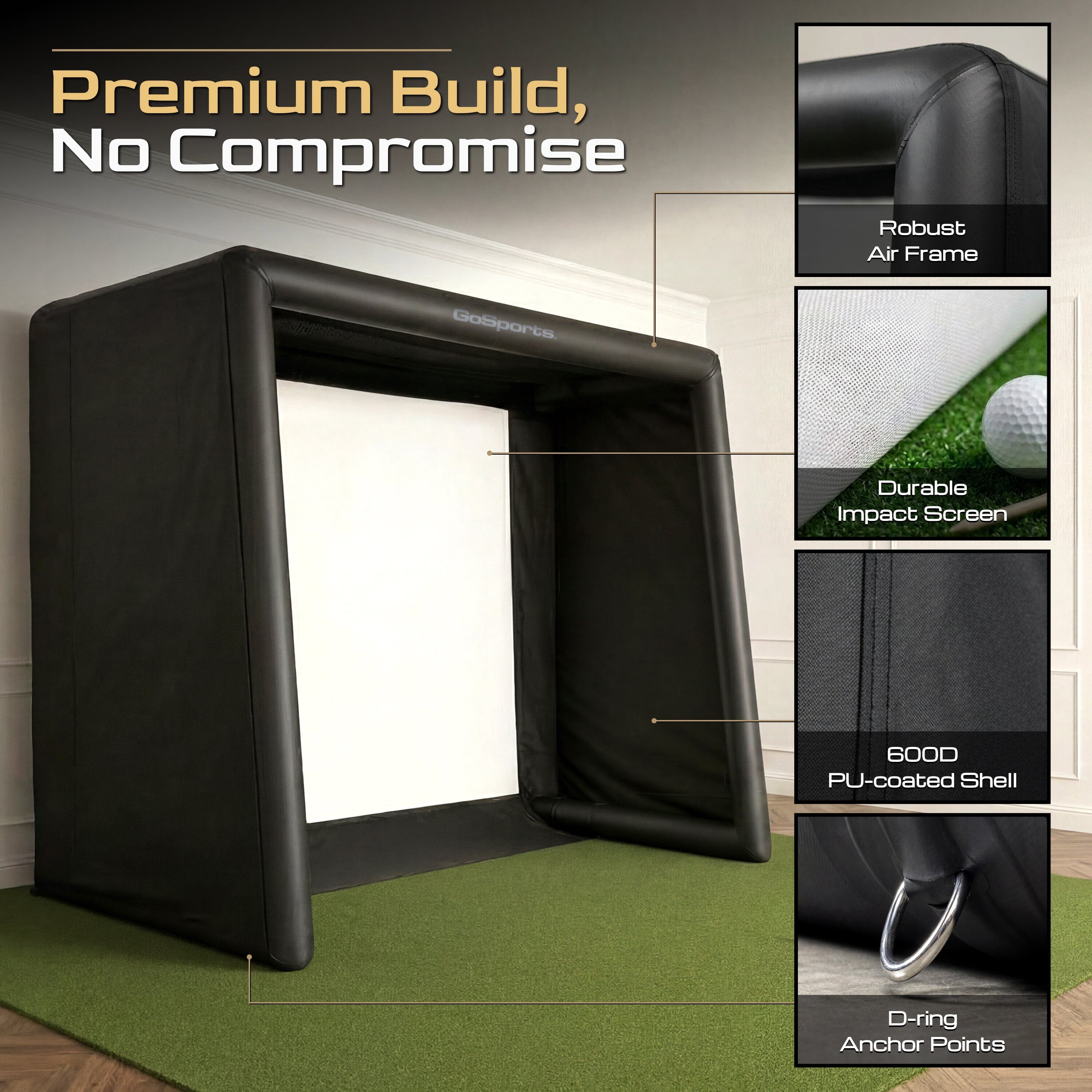GoSports Commercial Grade Inflatable Golf Simulator Enclosure for Home - 12 x 9 ft Indoor & Outdoor Portable Hitting Cage with Golf Simulator Impact Screen - Includes Electric Pump and Storage Case