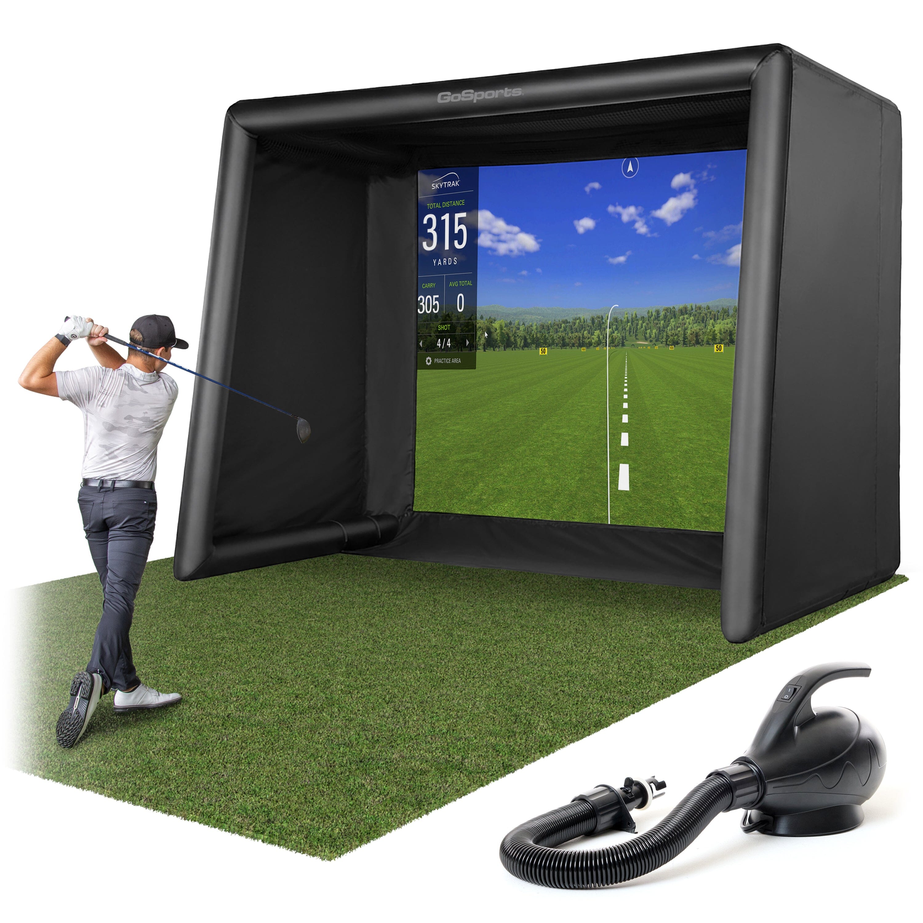 GoSports Commercial Grade Inflatable Golf Simulator Enclosure for Home - 12 x 9 ft Indoor & Outdoor Portable Hitting Cage with Golf Simulator Impact Screen - Includes Electric Pump and Storage Case