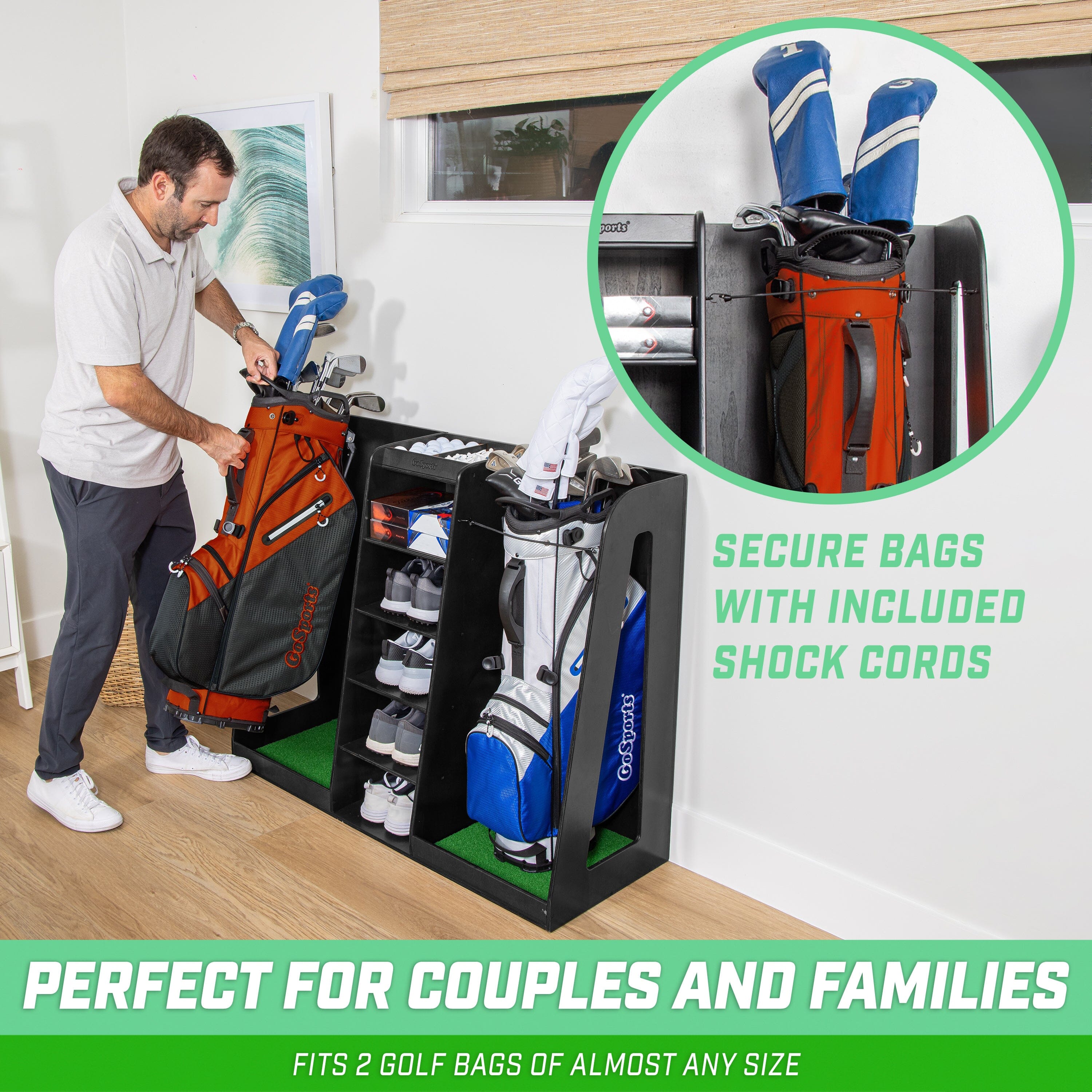 GoSports Double Premium Wooden Golf Bag Organizer and Storage Rack - Black