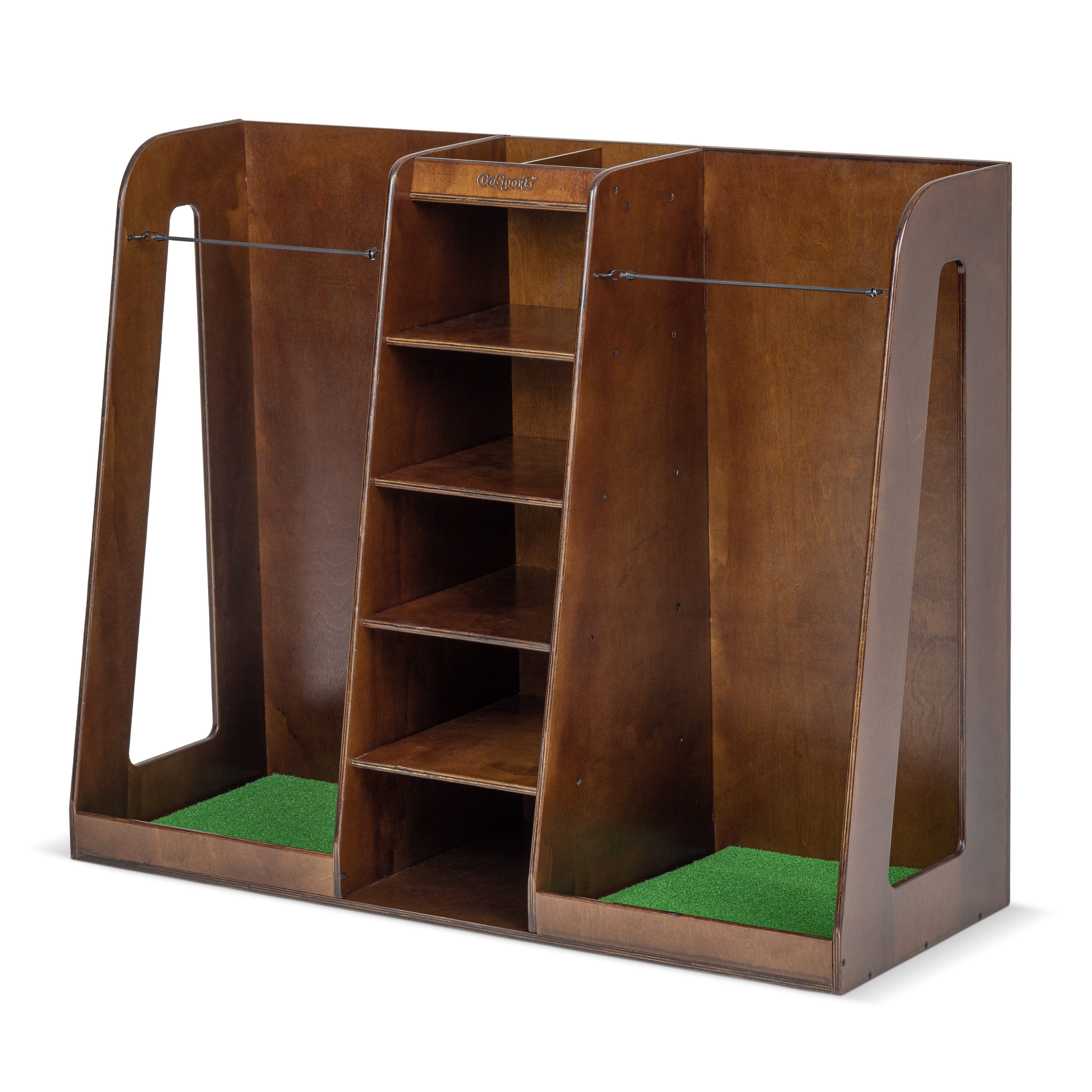 GoSports Double Premium Wooden Golf Bag Organizer and Storage Rack - Brown