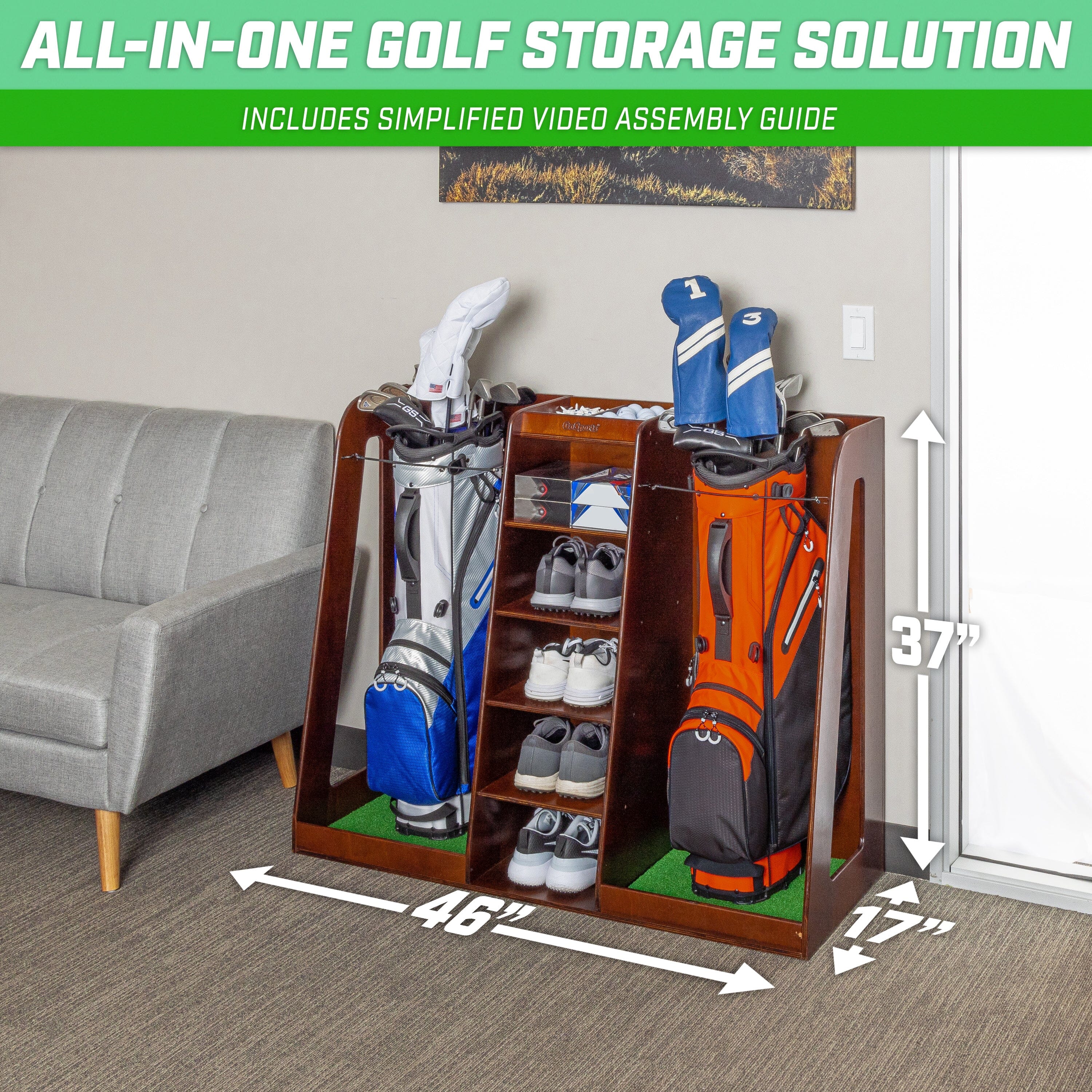 GoSports Double Premium Wooden Golf Bag Organizer and Storage Rack - Brown