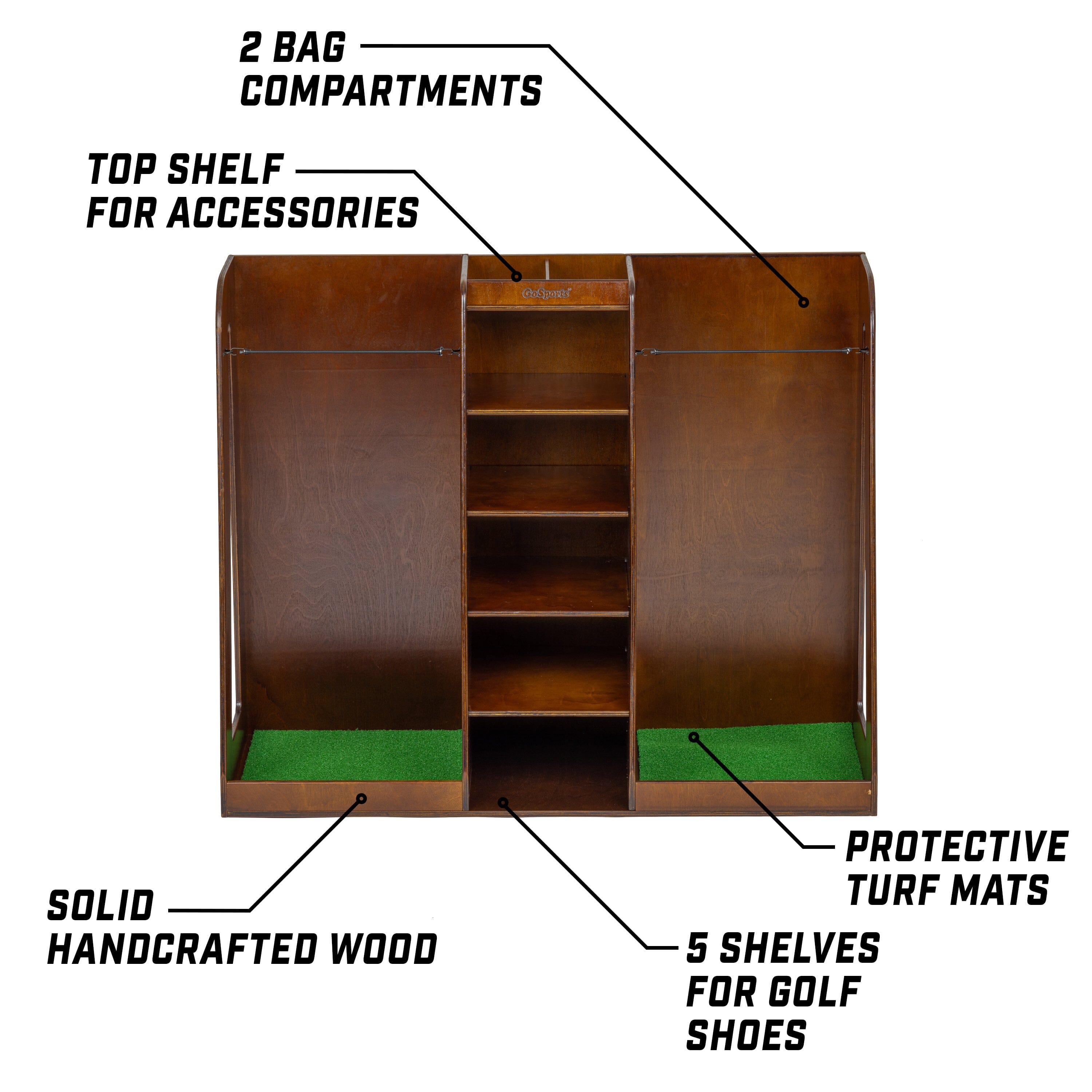 GoSports Double Premium Wooden Golf Bag Organizer and Storage Rack - Brown