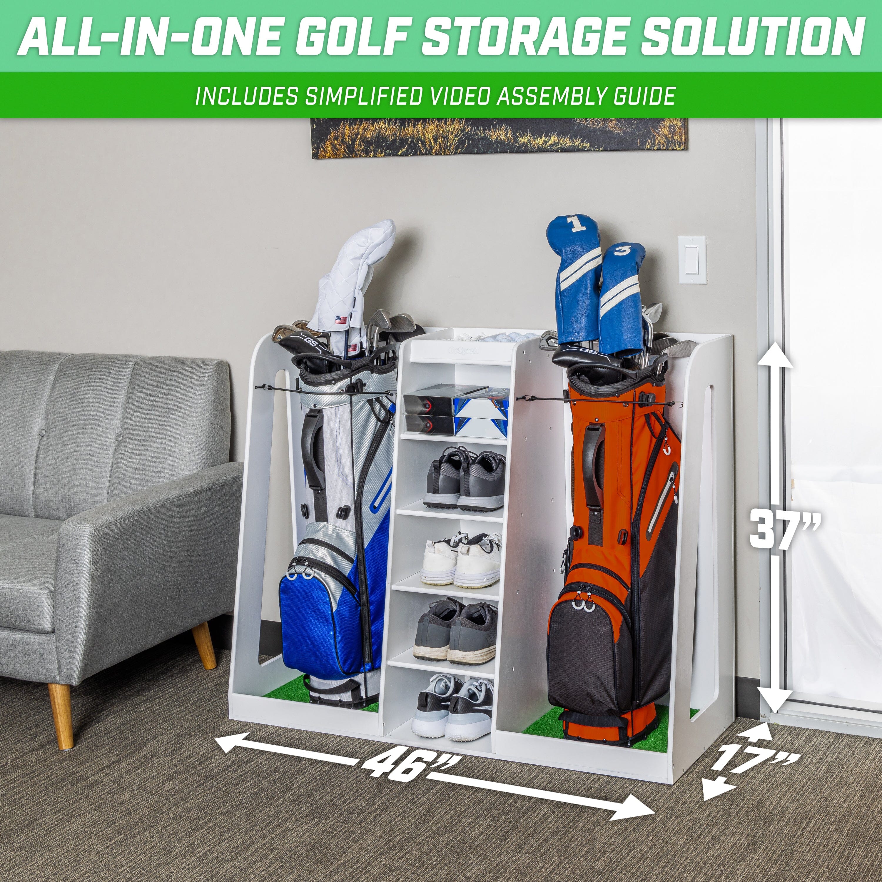 GoSports Premium Wooden Golf Bag Organizer and Storage Rack - White