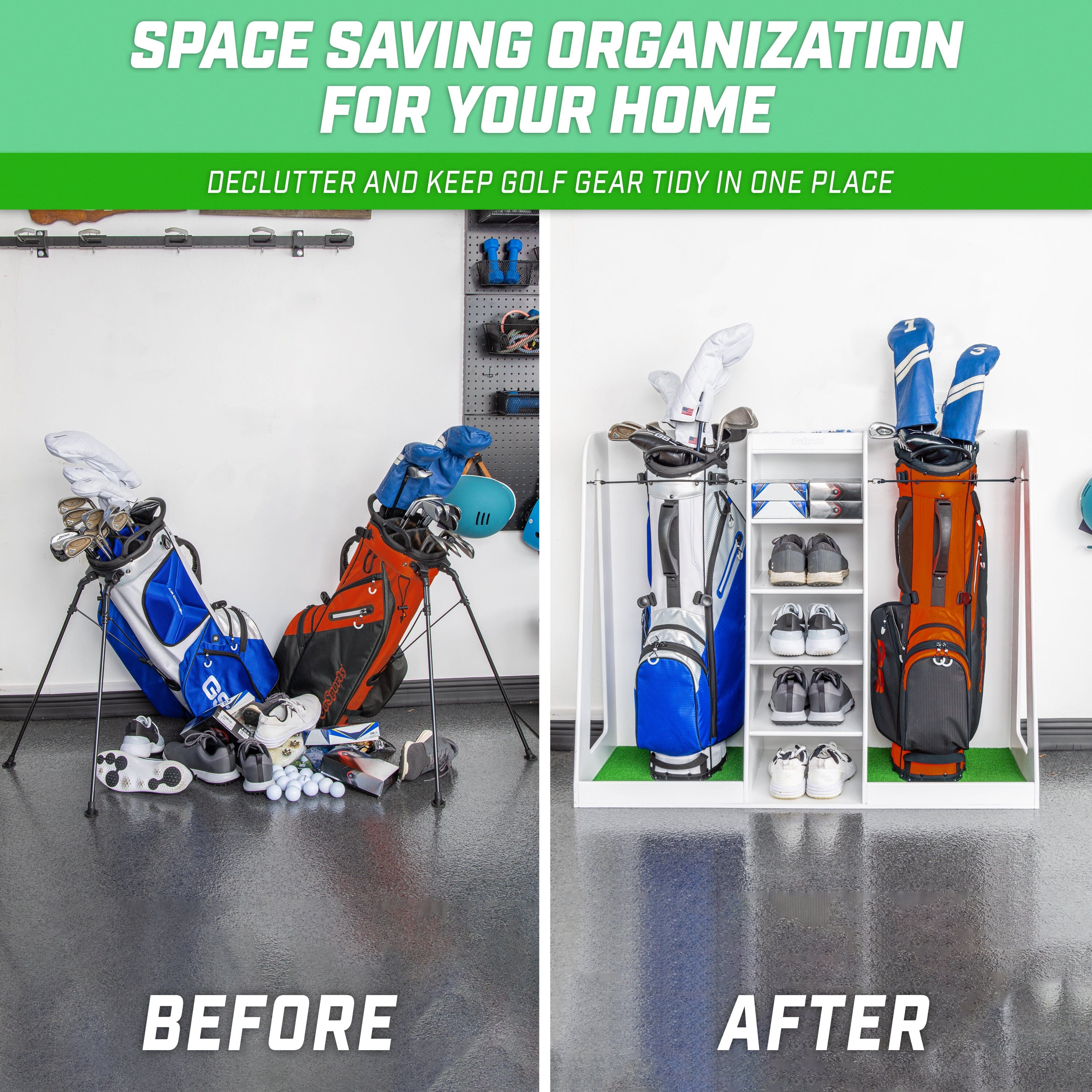 GoSports Premium Wooden Golf Bag Organizer and Storage Rack - White