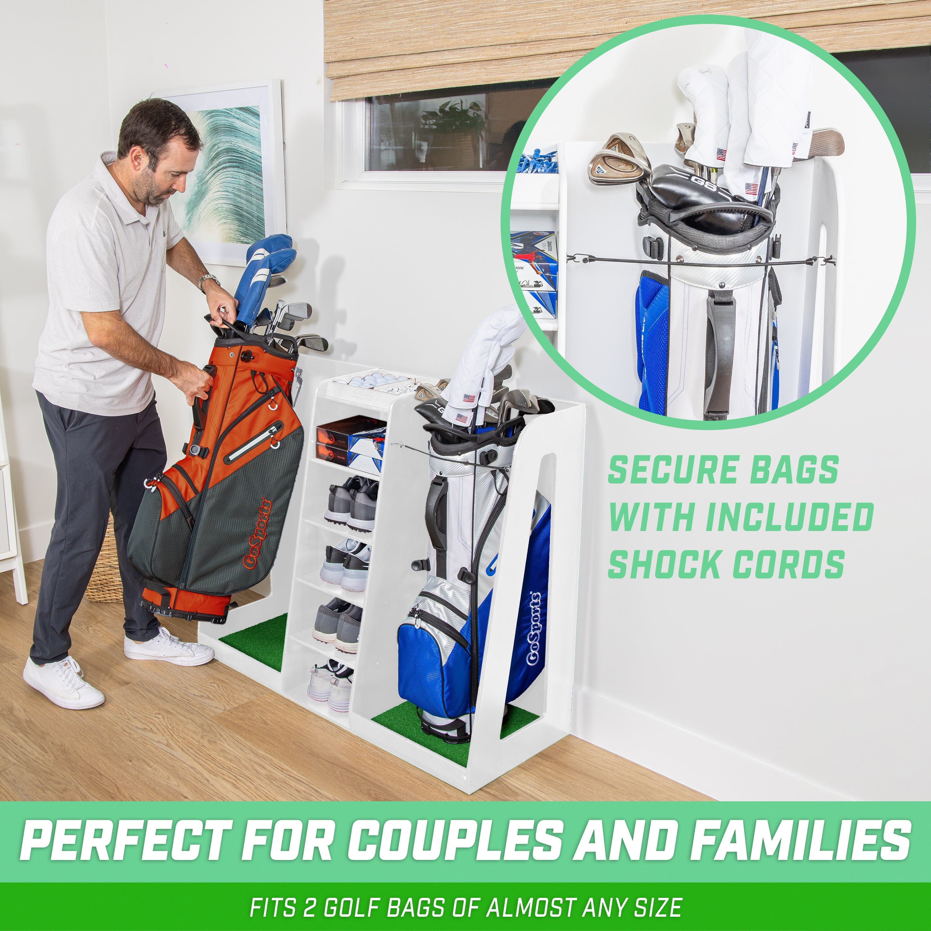 GoSports Premium Wooden Golf Bag Organizer and Storage Rack - White