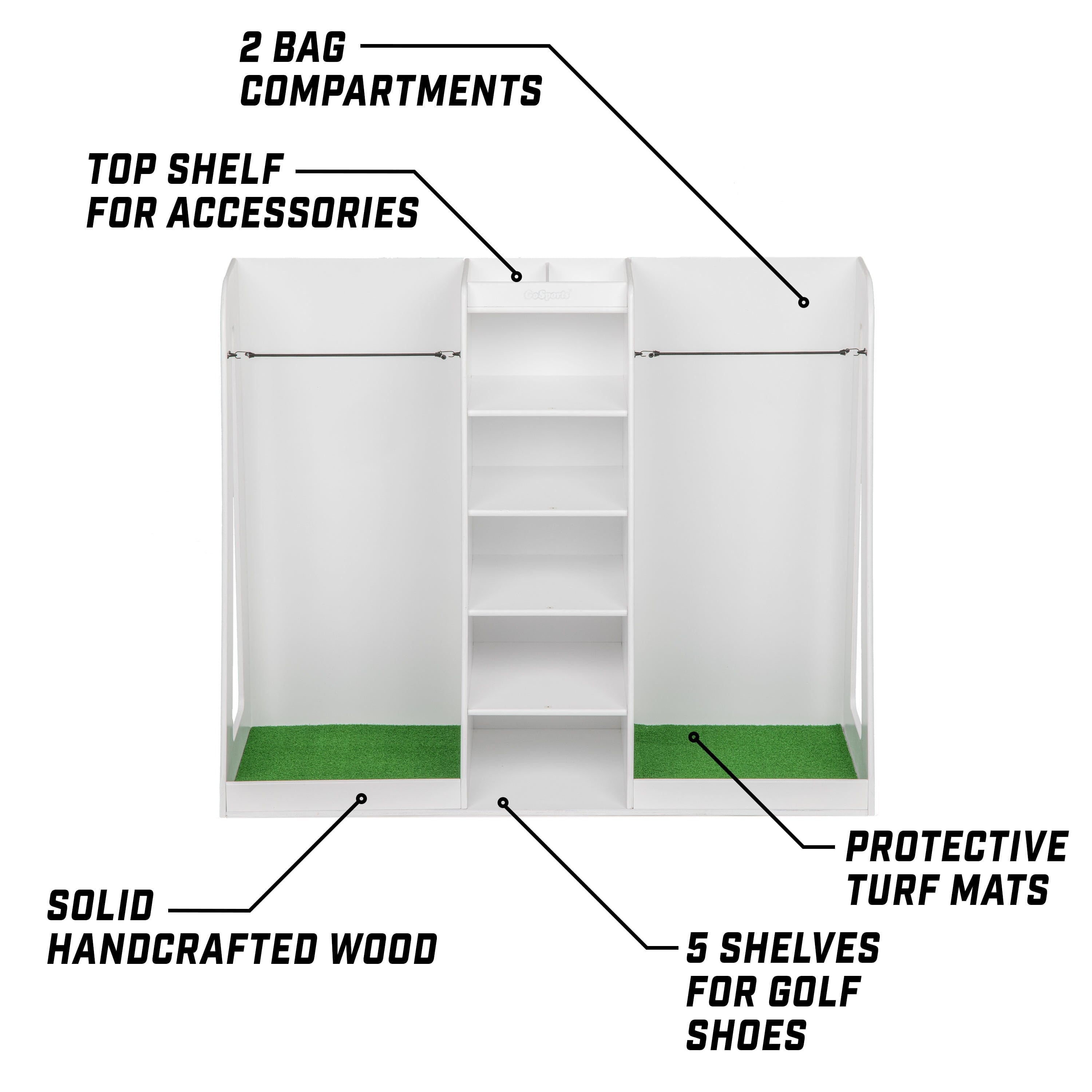 GoSports Premium Wooden Golf Bag Organizer and Storage Rack - White