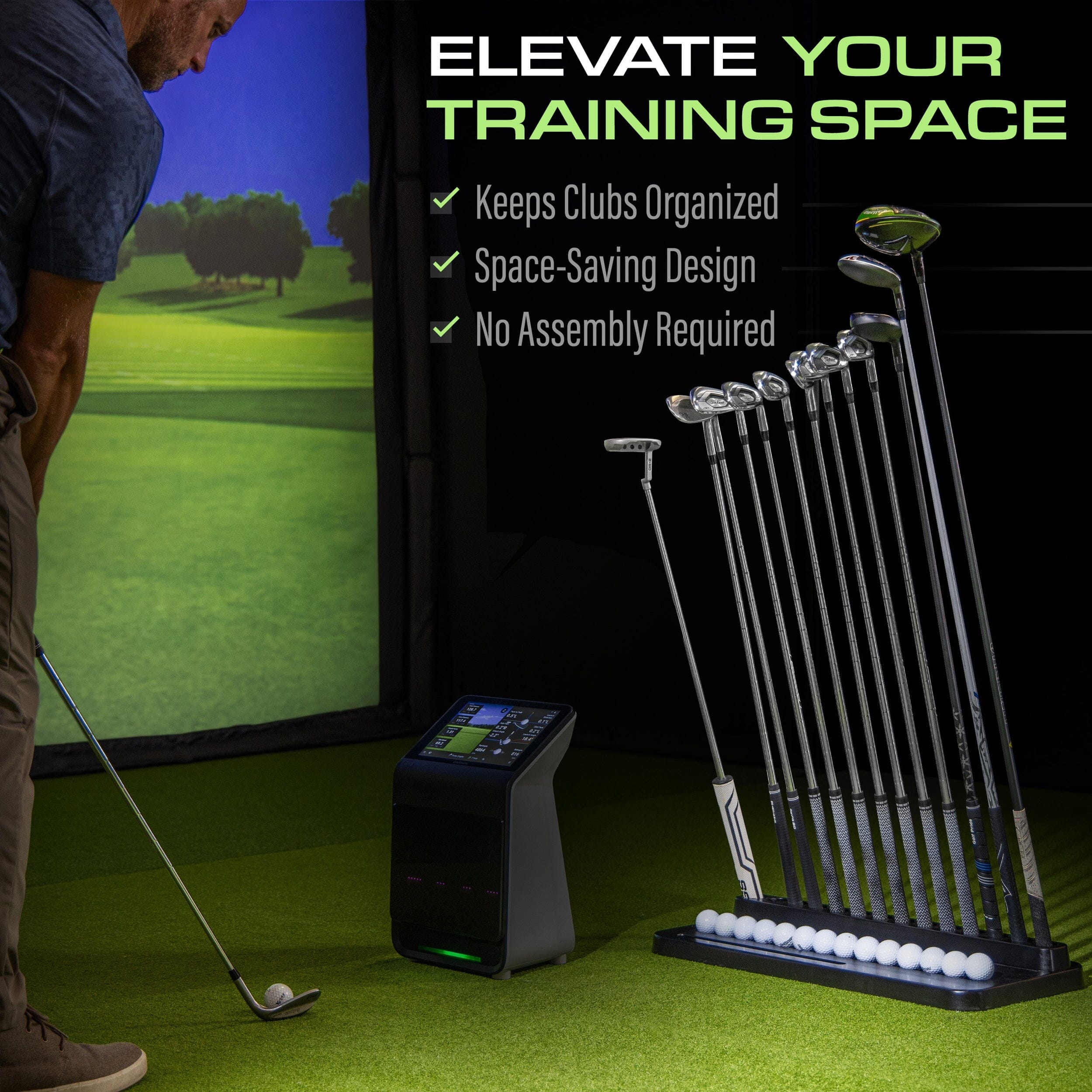 GoSports Premium Wood Golf Club Holder Stand - 14 Club Display Organizer with Ball Storage and Phone/Tablet Slot for Golf Simulators