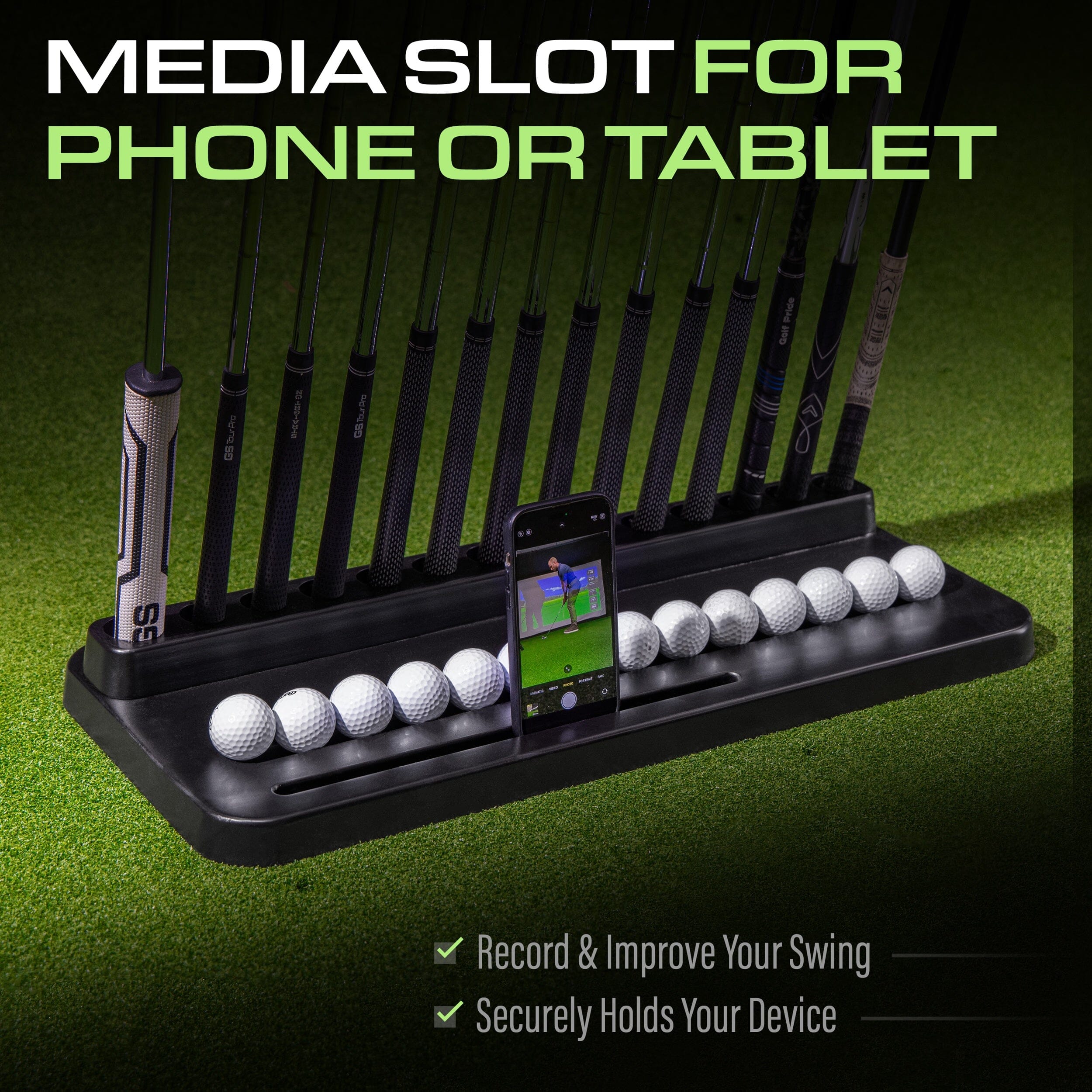 GoSports Premium Wood Golf Club Holder Stand - 14 Club Display Organizer with Ball Storage and Phone/Tablet Slot for Golf Simulators
