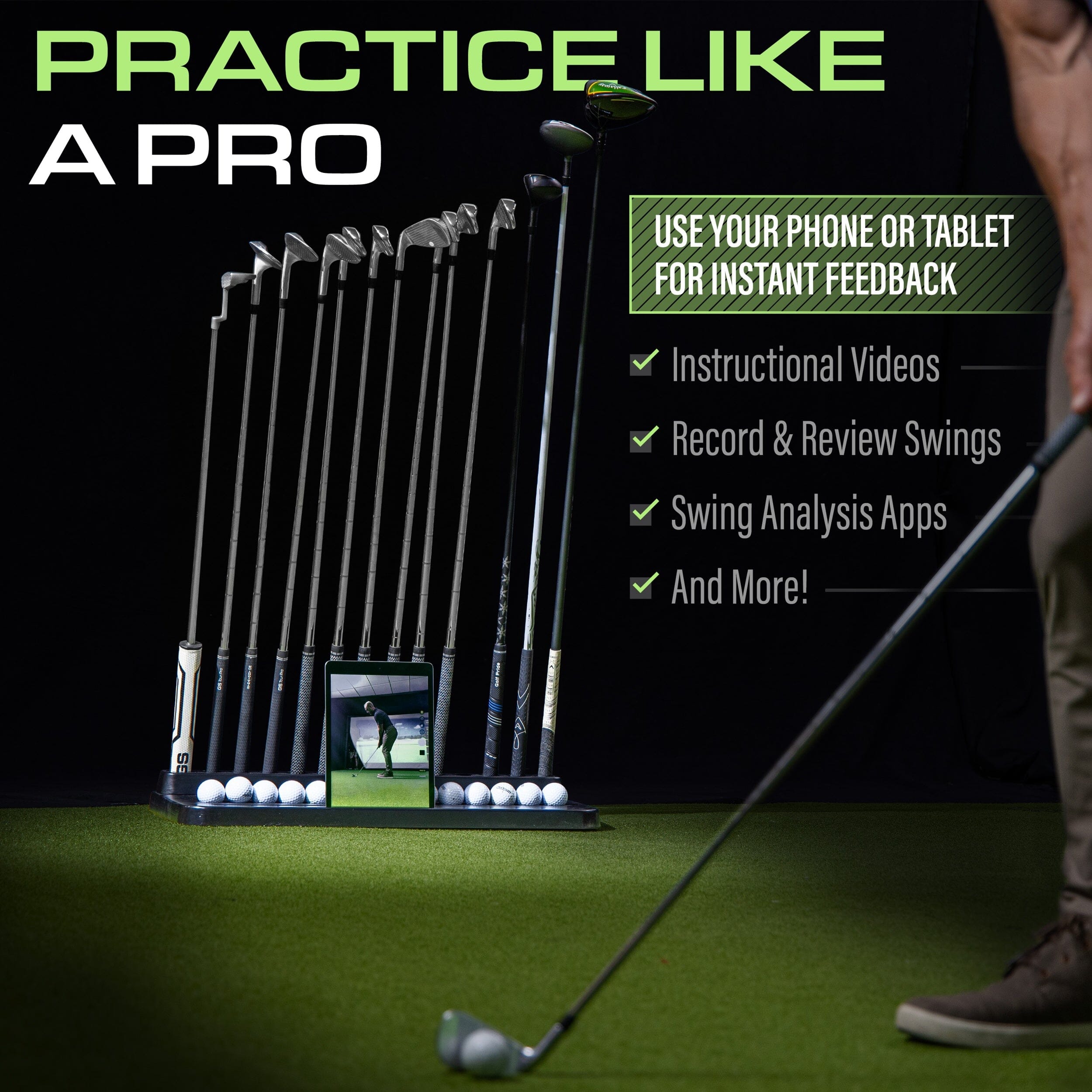 GoSports Premium Wood Golf Club Holder Stand - 14 Club Display Organizer with Ball Storage and Phone/Tablet Slot for Golf Simulators
