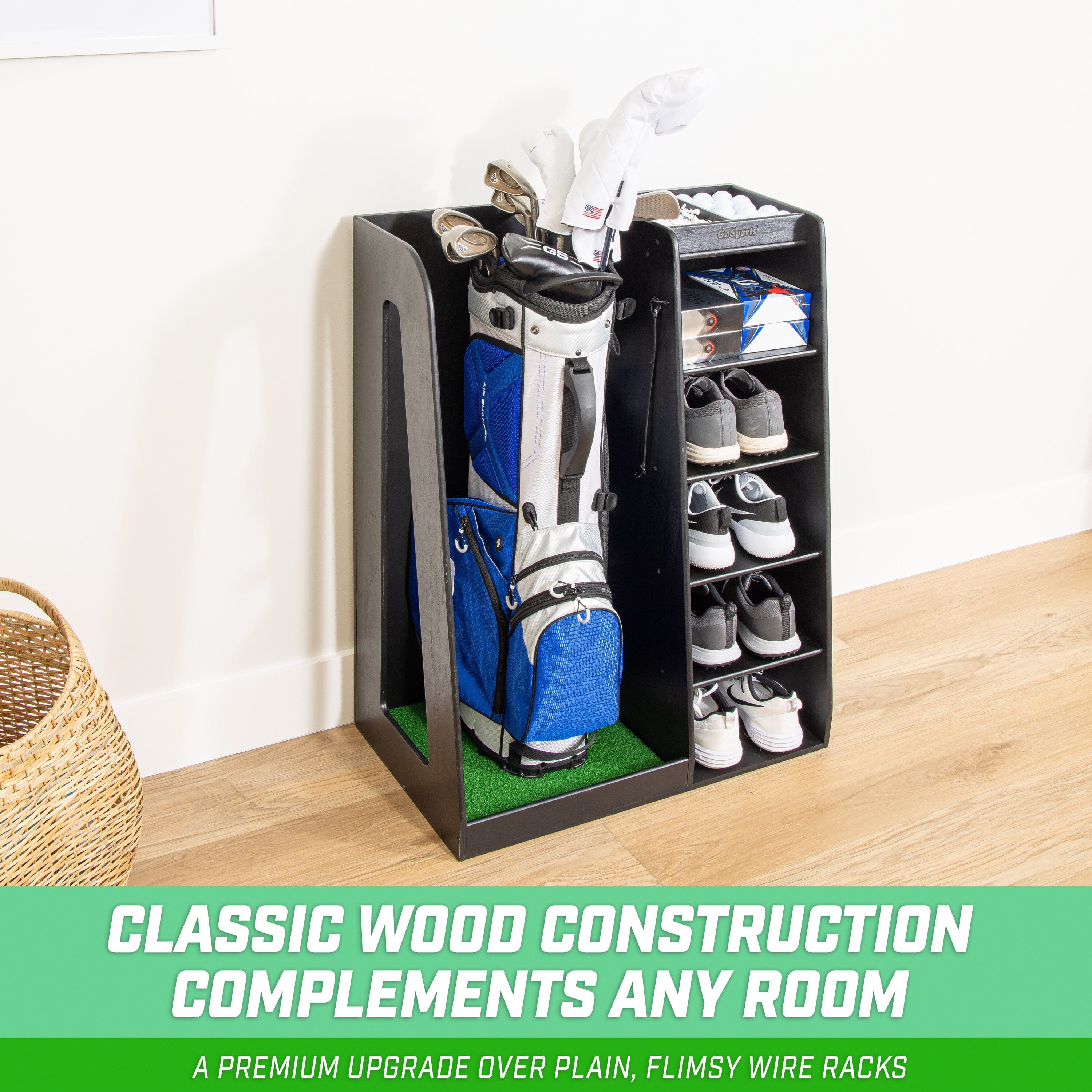 GoSports Premium Wooden Golf Bag Organizer and Storage Rack - Black