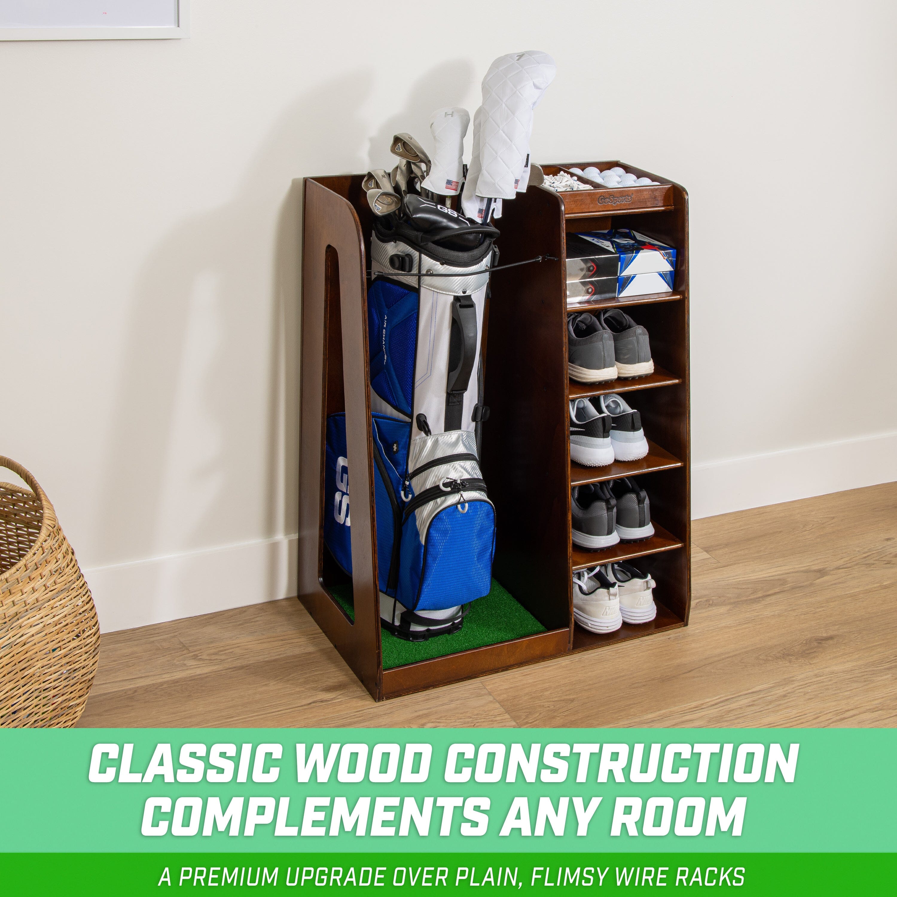 GoSports Premium Wooden Golf Bag Organizer and Storage Rack - Brown